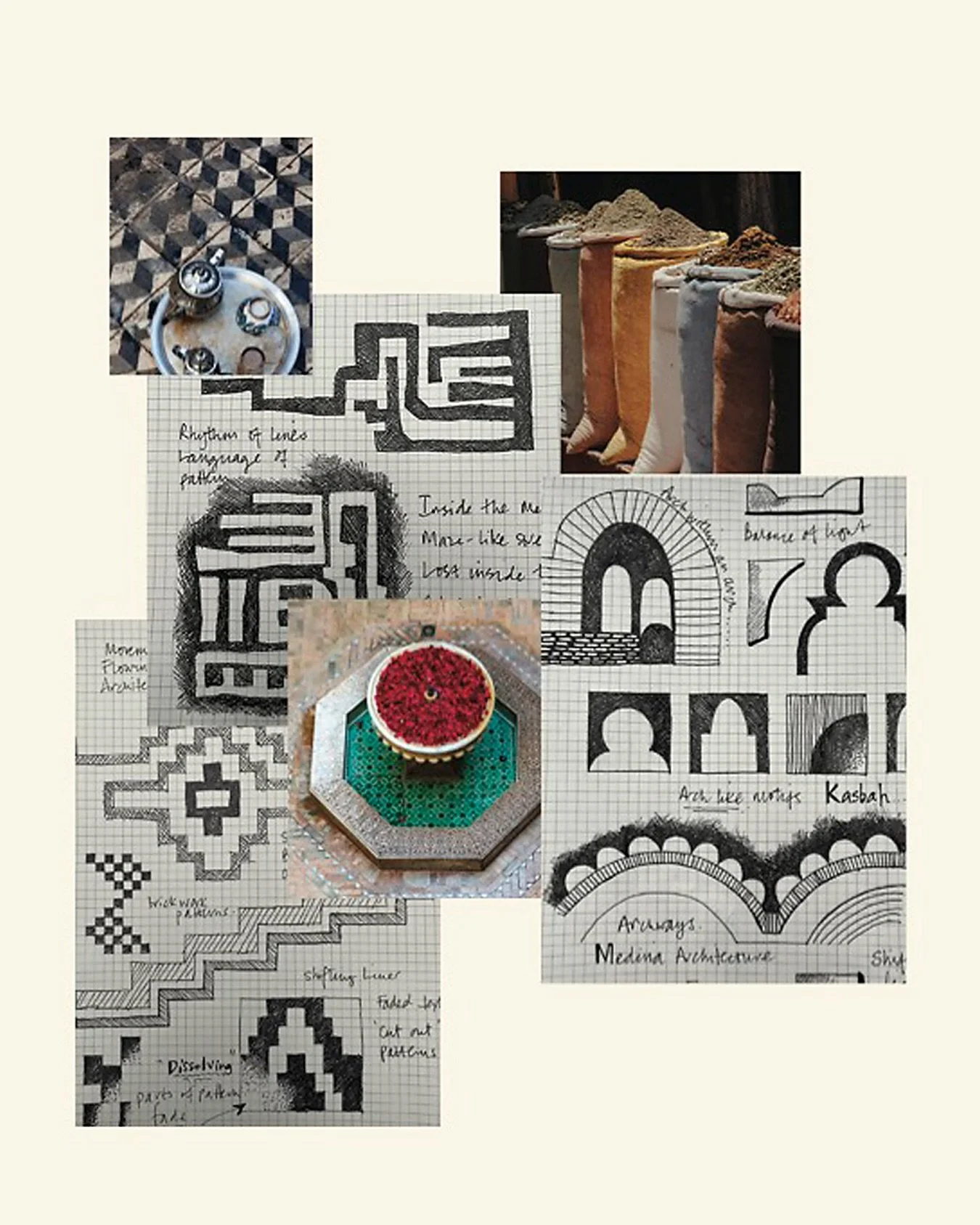 Designerens moodboard
Fra Marrakesh til Wigan.
Bildet viser noe av materialet bak kolleksjonen &ndash; skisser, fotografier og notater fra Helen Lloyds arbeid. Buer fra medina-arkitekturen ble til Kasbah. Teglm&oslash;nster og dempede pigmenter ble t