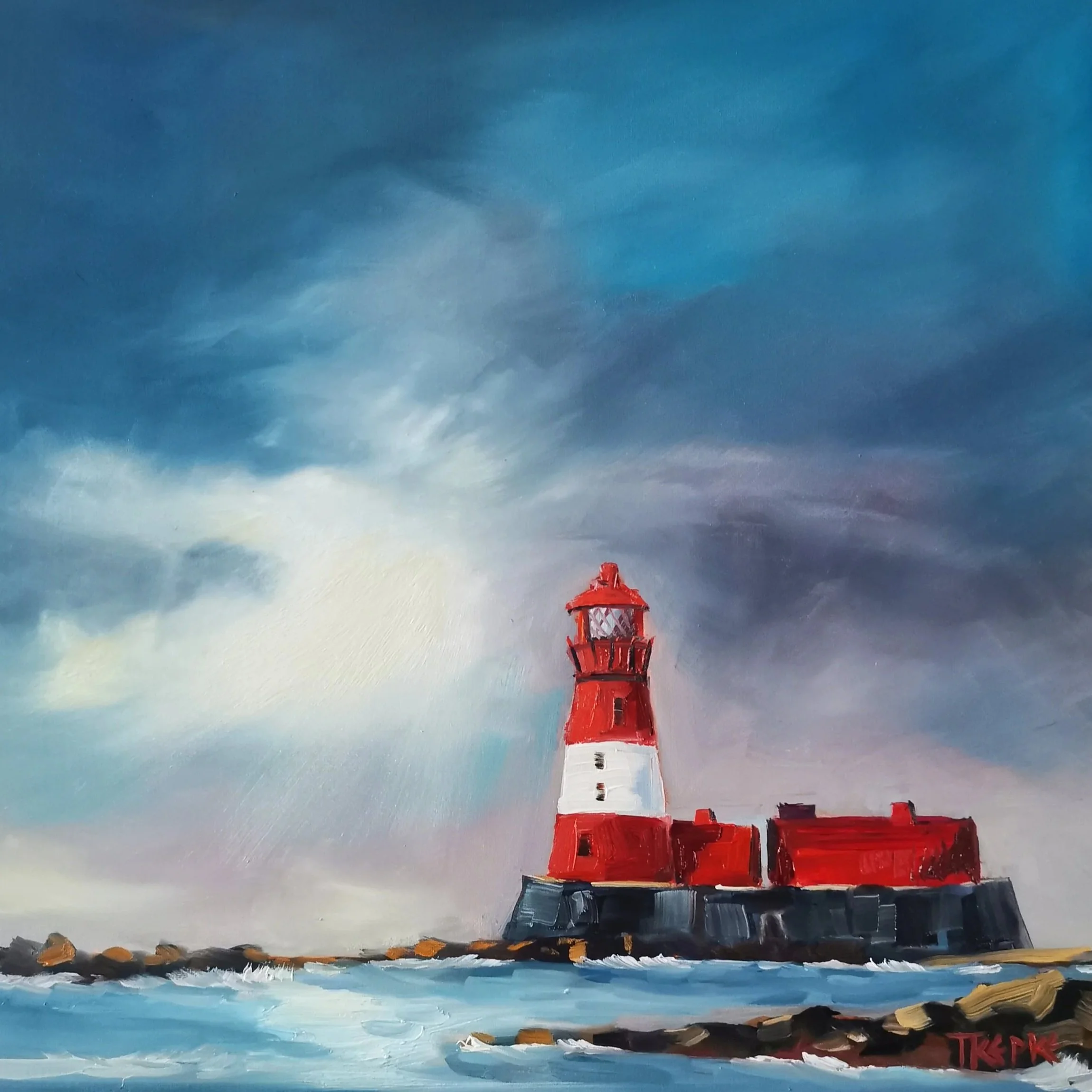 ***SOLD*** Longstone Ligthouse oil on canvas panel 40x40cm