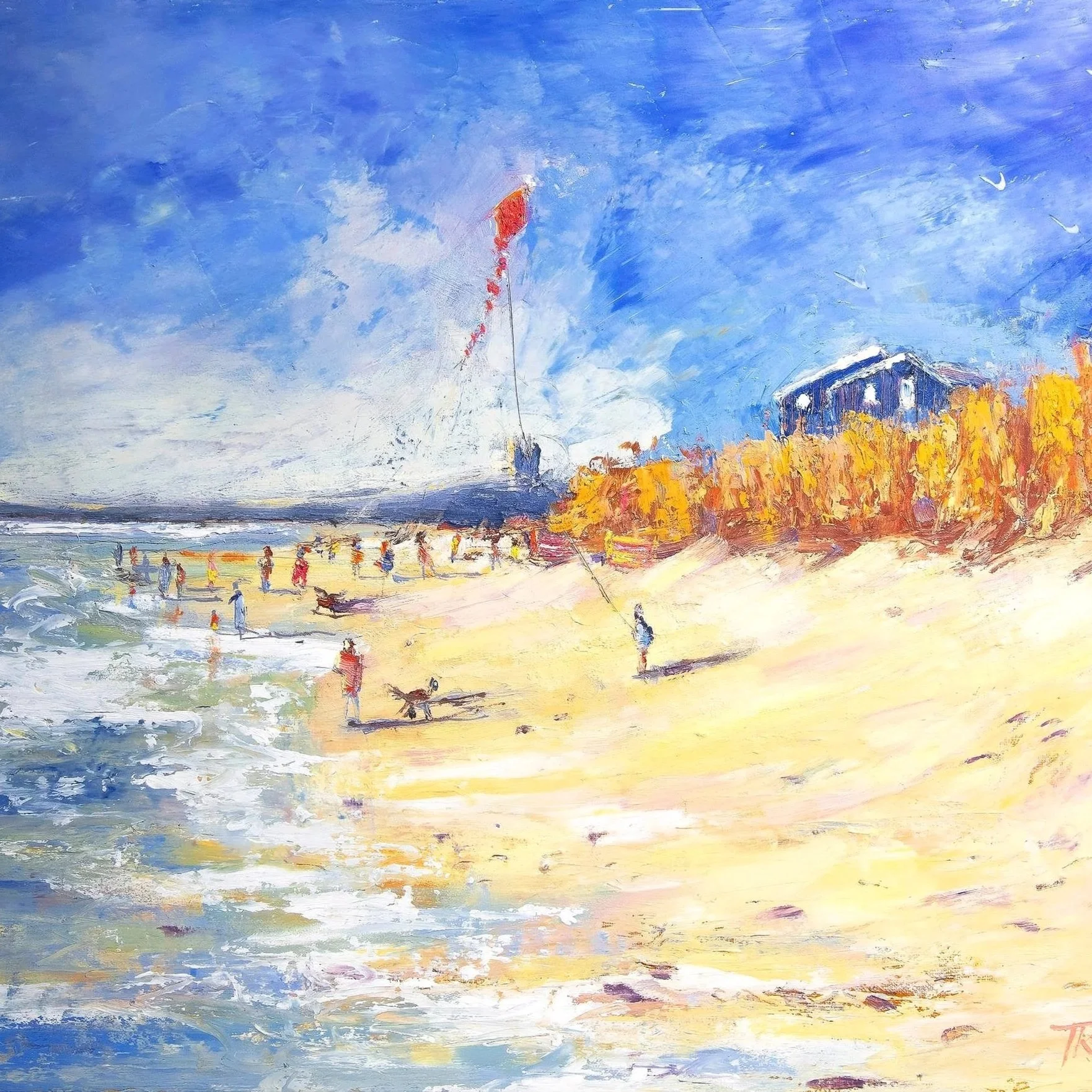 Kite Flying Fun original oil on canvas panel 40x50cm