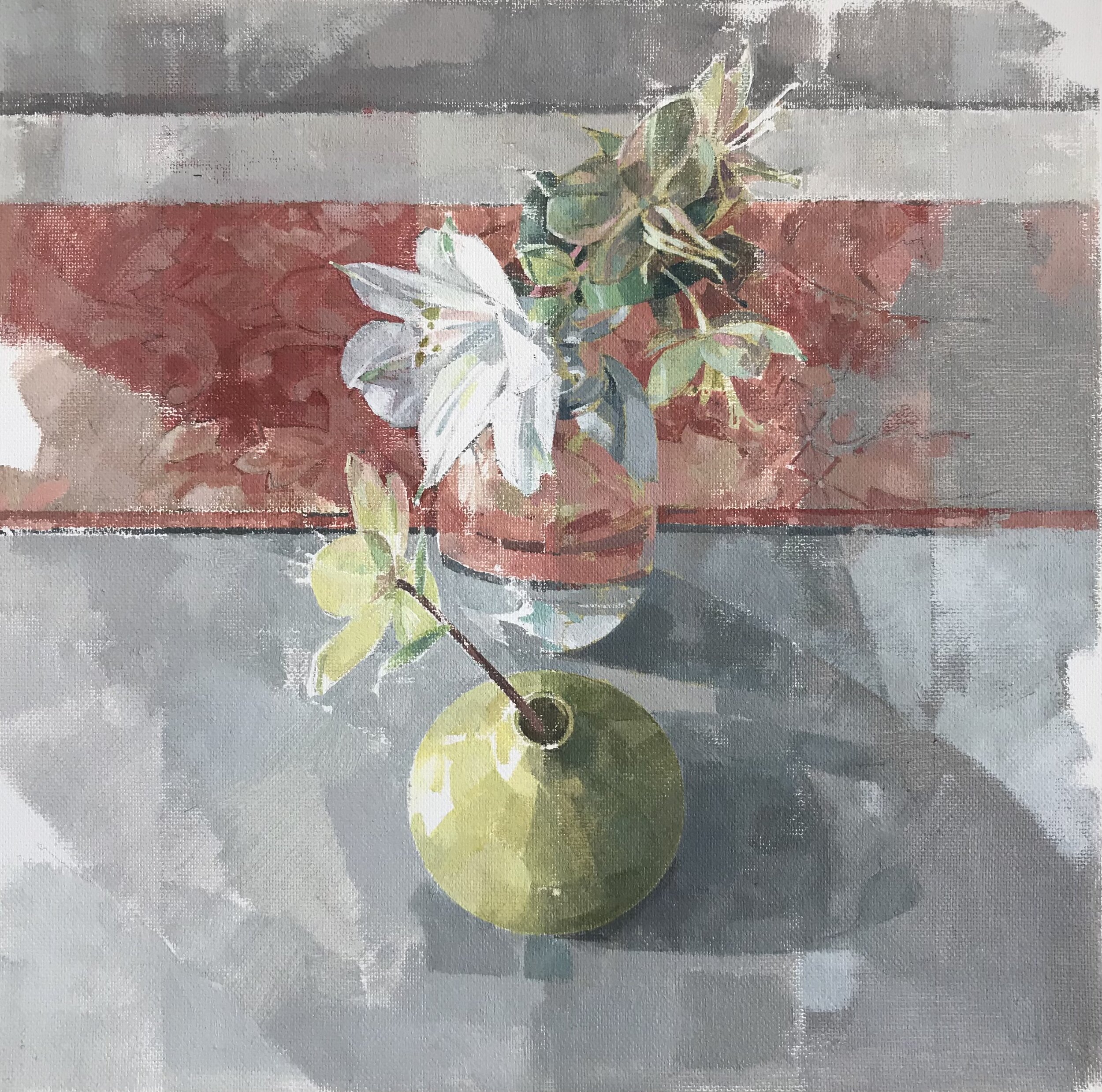 bud vases with red damask  30cm x 30cm  2021