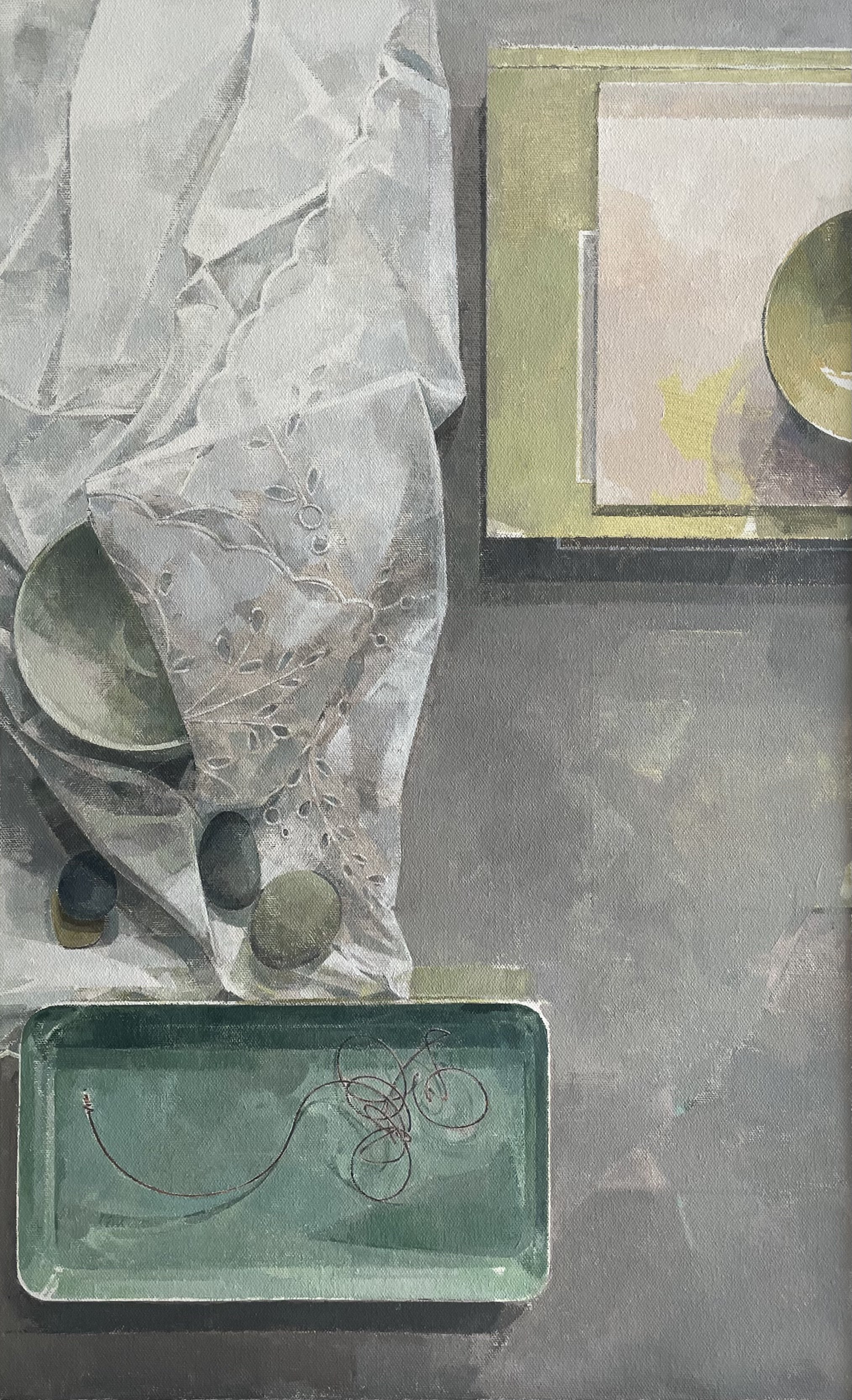 A painting of a still life scene with a clear plastic bag containing limes and cherries, a green tray with a red wire, and a yellow framed artwork with a yellow circle on a light background.