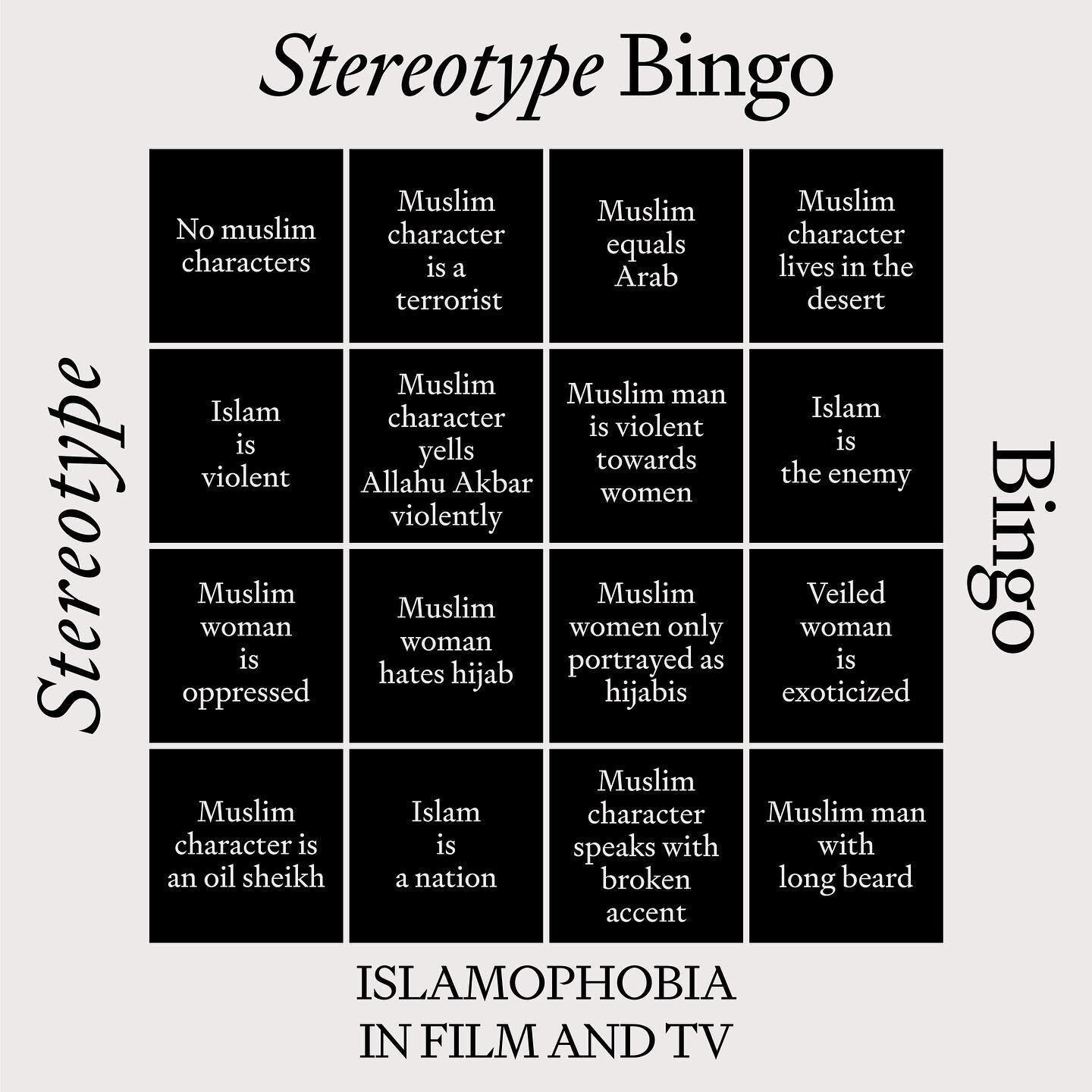 New year, same struggles? Bingo N&ordm;10: Islamophobia Edition
✨
Bingo brought to you by D&amp;I expert and consultant and film freak Sara Salmani
✨
What other examples of Islamophobic tropes are You tired of seeing on screen? #islamophobia#represen