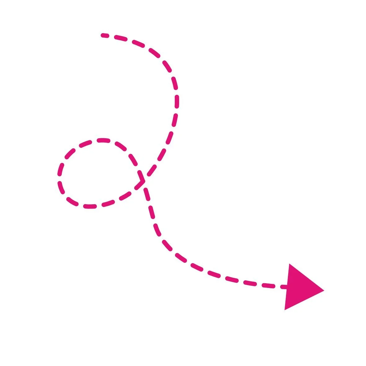 Une flèche indiquant une trajectoire en pointillé rose avec un cercle et une flèche pointant vers la droite.