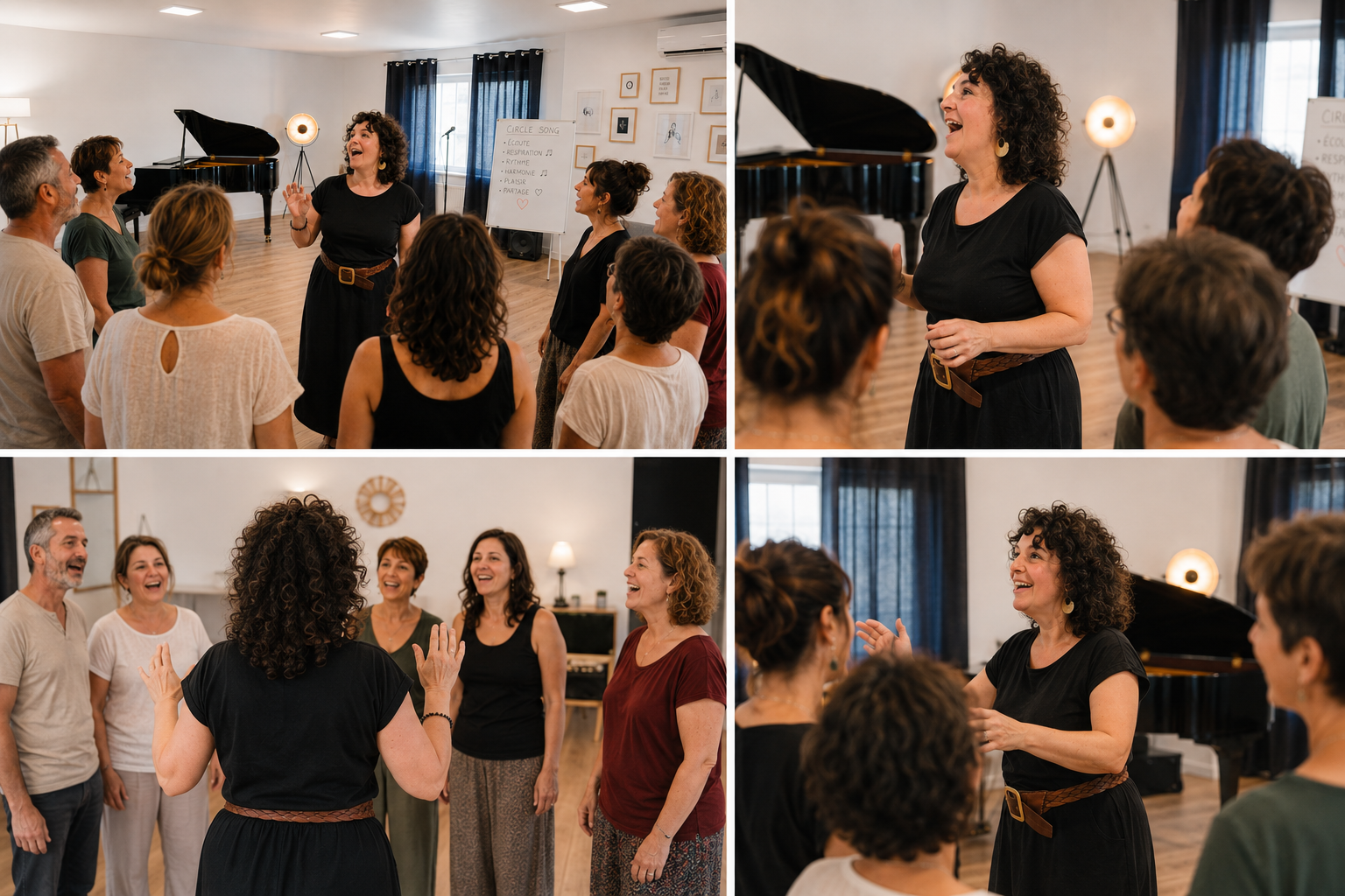 Une femme blond, habillée en noir avec une ceinture marron, parle à un groupe de personnes dans une salle de danse ou de chant, avec un piano en arrière-plan. Elle semble chanter ou raconter quelque chose, et les autres la regardent en souriant.