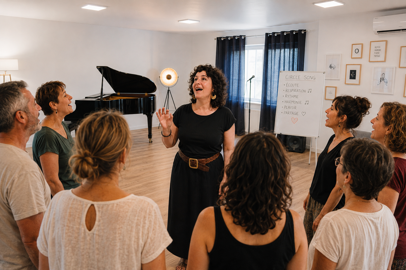 Une femme chante à un groupe de personnes lors d'une séance de groupe dans une pièce lumineuse, avec un piano noir en arrière-plan.