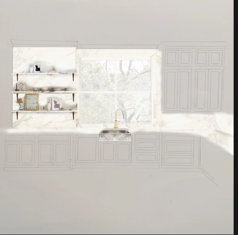 mock up of window and shelf options. Client chose floating rather than bracketed shelves. 