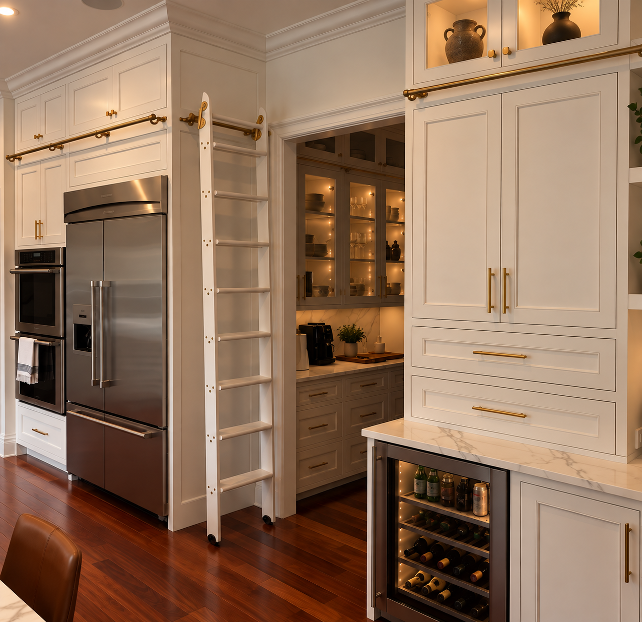 Custom cabinets with library rail and ladder
