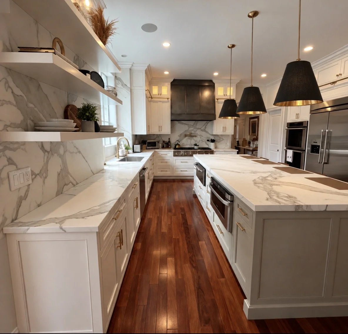 For this Croton-on-Hudson renovation the  galley style layout was kept but open shelving replaced unused cabinets
