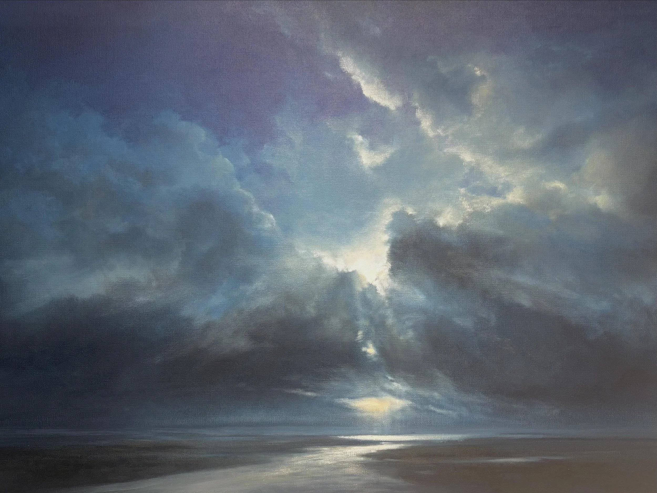&ldquo;Night Music&rdquo; 24x36 oil drying in the studio.  #nocturne #maineartist #lowland #tidal #moonlight