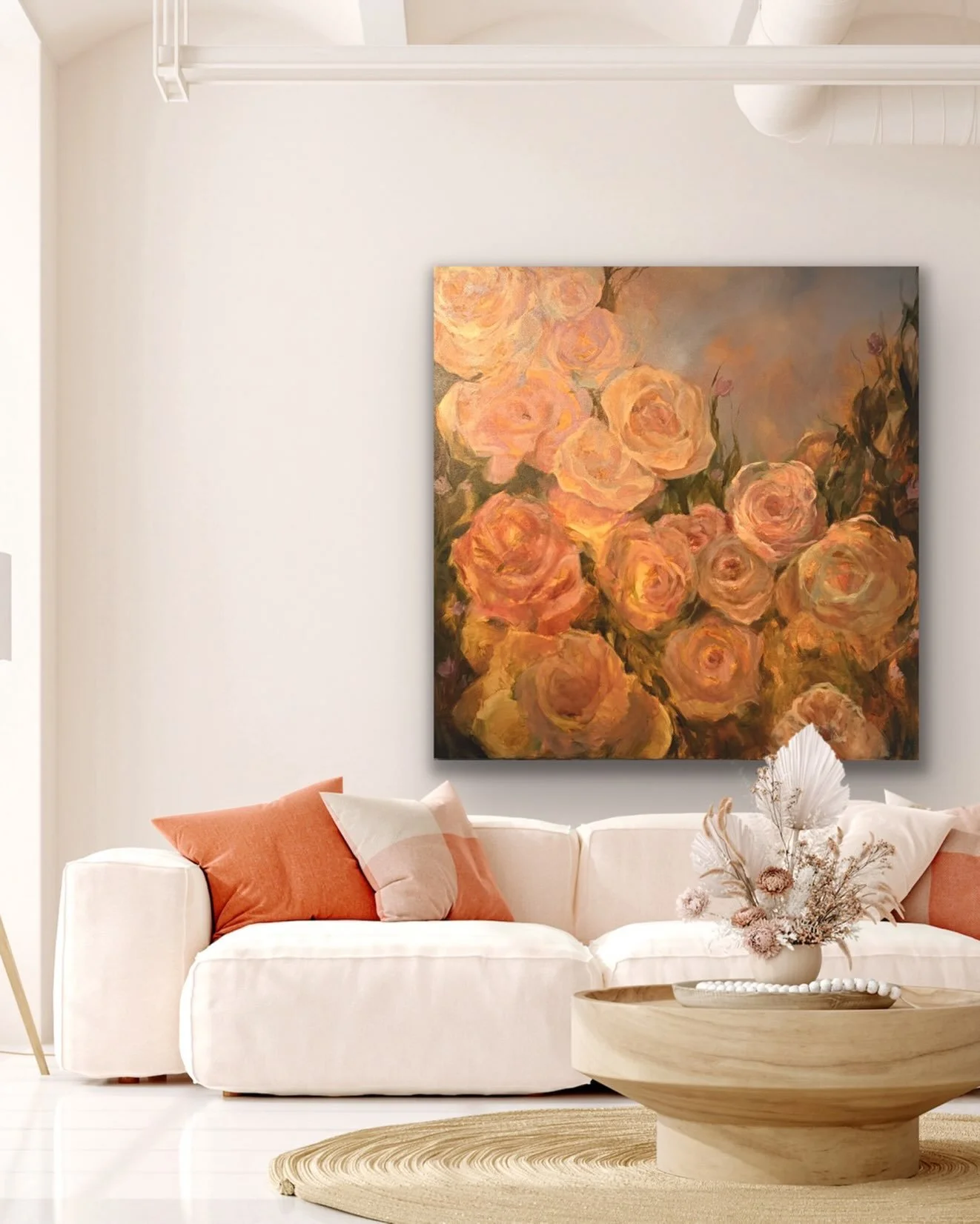 &ldquo;Becoming&rdquo; 48x48 oil adds romance to any space! #floralartwork #newseries #interiordesign #abstracted #portlandartgallery