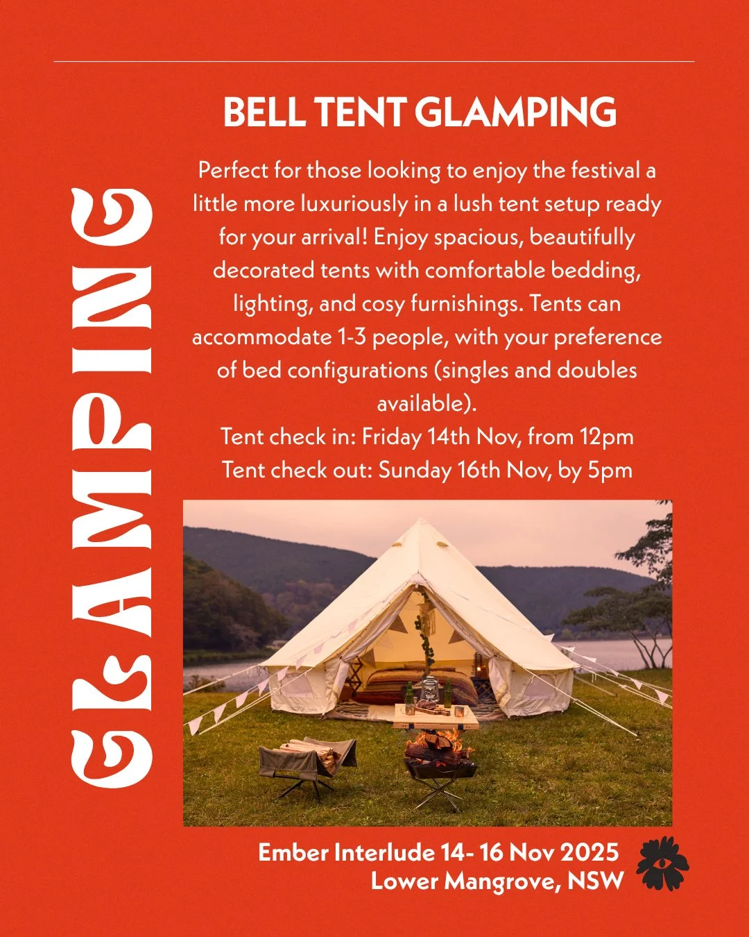 ✨ Glamp under the stars at Ember Interlude 2025 — the perfect way to enjoy the festival without the hassle of setting up camp. Set in pristine nature at Lower Mangrove, our spacious bell tents are beautifully furnished for comfort and ease.
