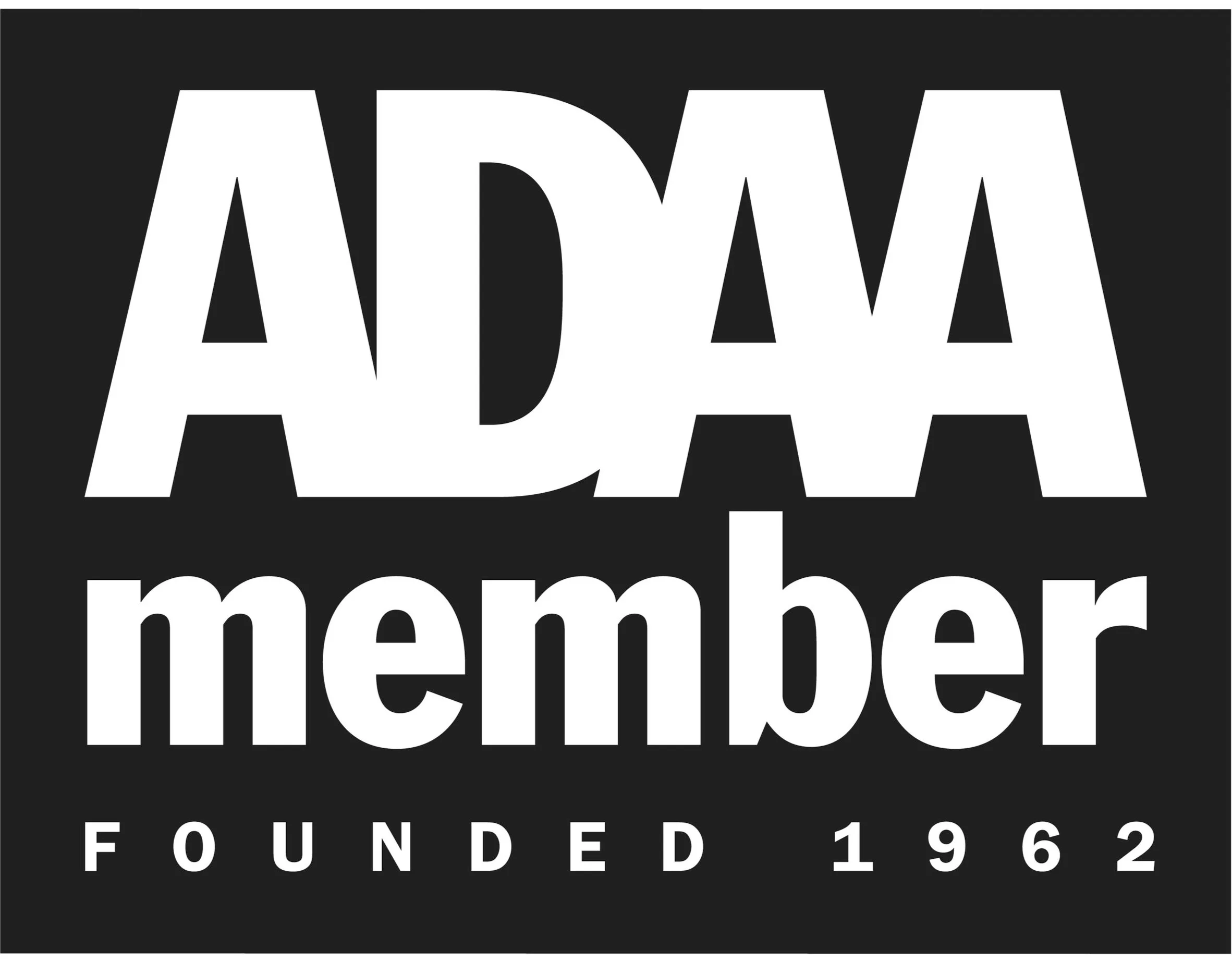 Black background with large white text reading 'ADAA member' and smaller white text below that reads 'Founded 1962'.