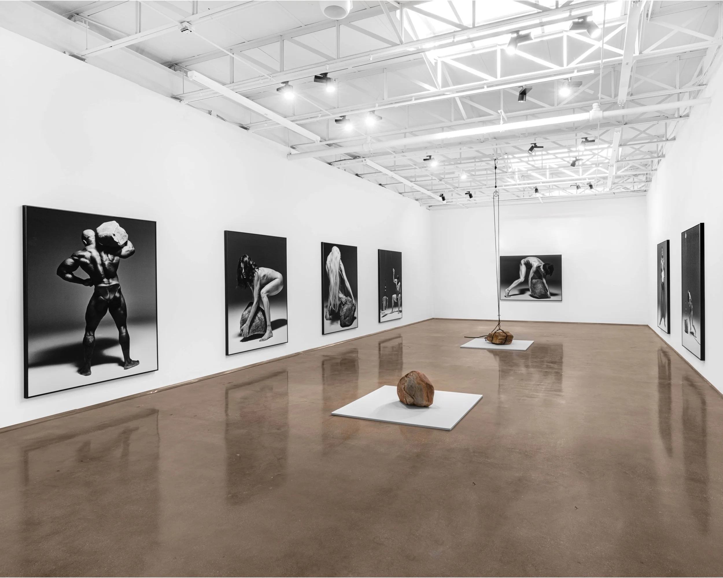Art gallery with several black and white digital art pieces on a white wall and a large digital projection on a screen on the right side of the room.