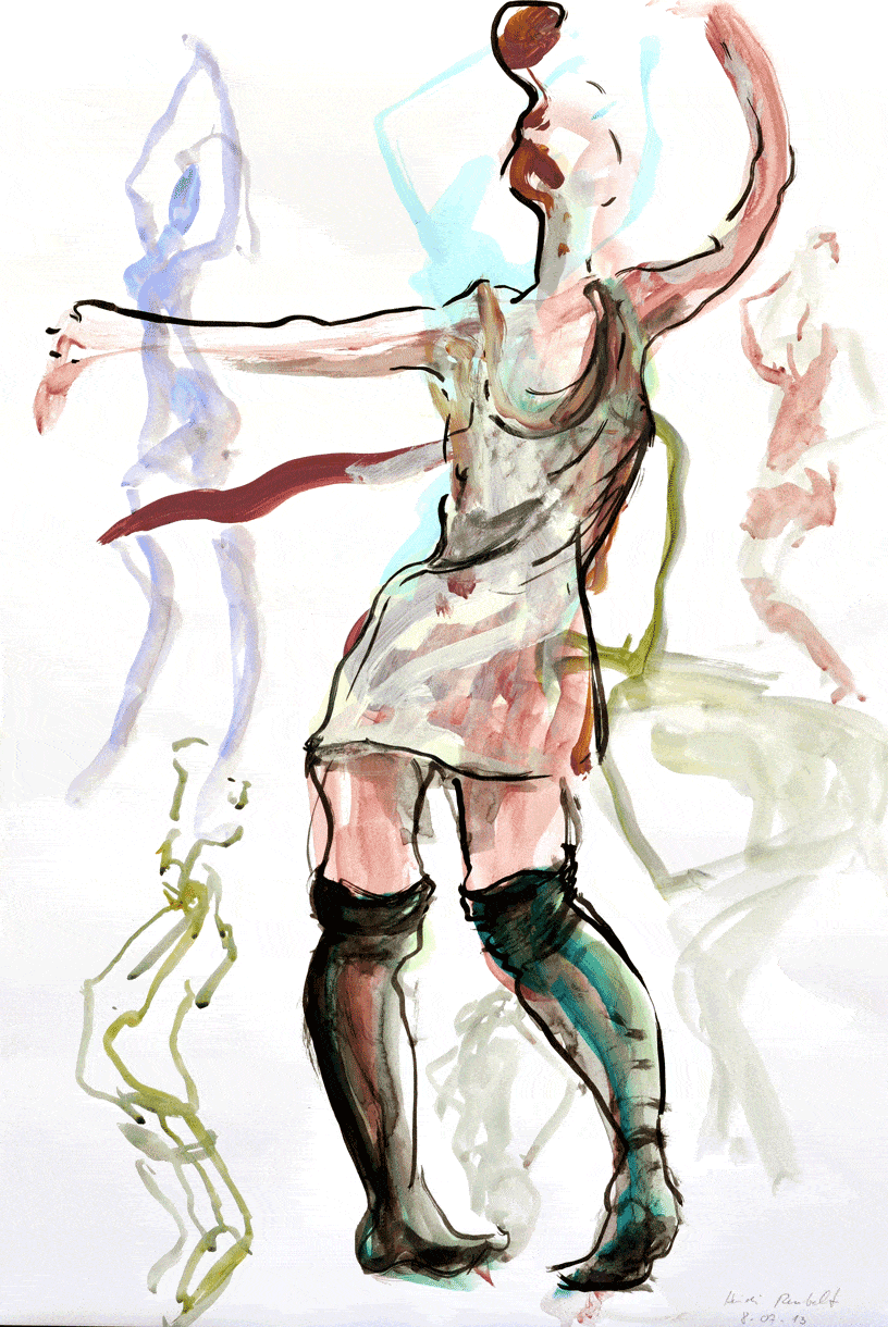 Die mit den Strümpfen tanzt, Acryl auf Papier, 50x70cm, 2013