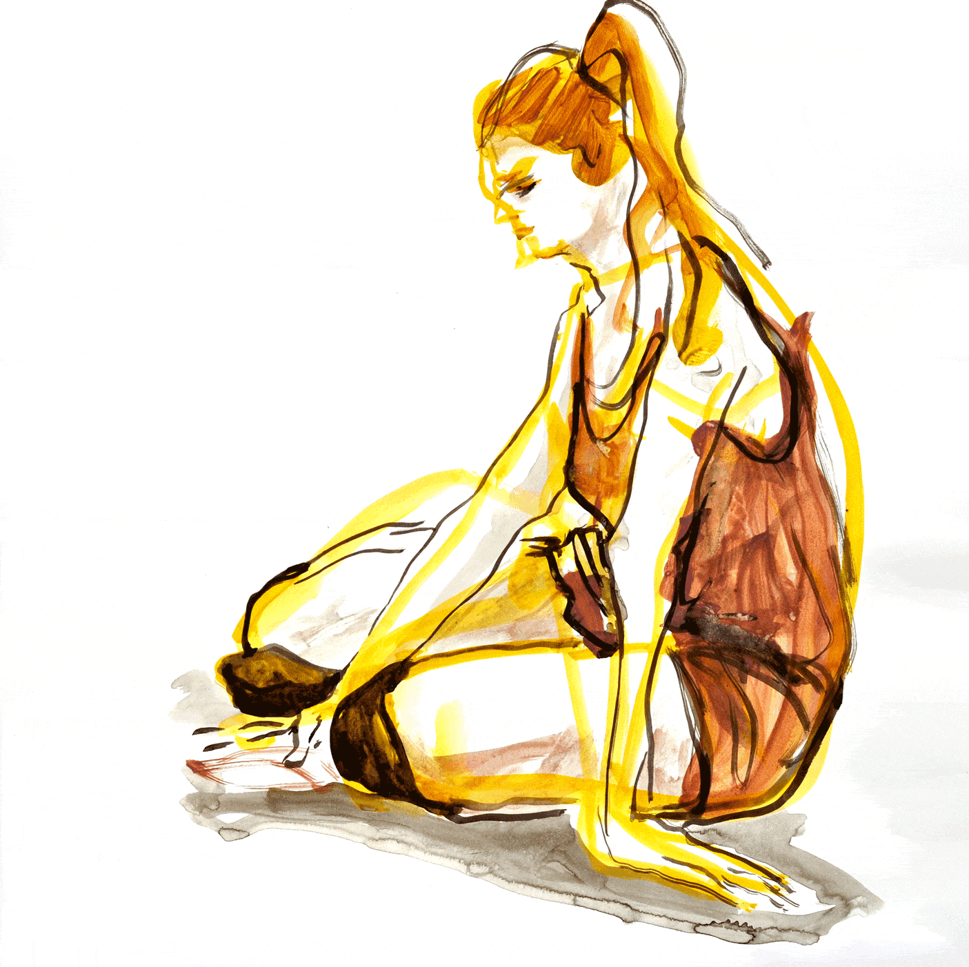 Hockende mit Strümpfen, Acryl auf Papier, 50x70 cm, 2013