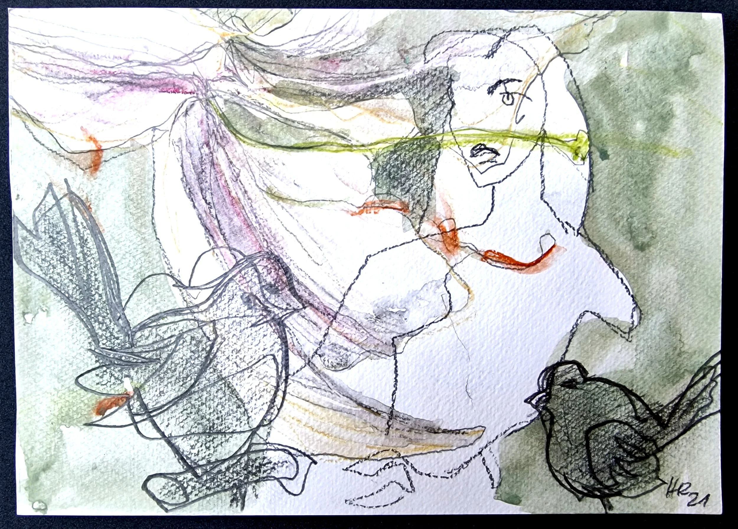 Ganz leise dem Wunder wie einem Vogel die Hand hinhalten..."/ Aquarell+Grafit/ 2021/ A4