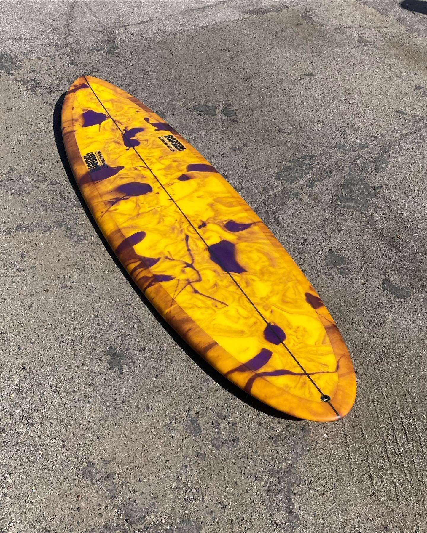 The Lake Show. 

6&rsquo;10&rdquo; Double Dutch twin with a purple and gold abstract resin swirl. 

#bigcarlsurfboards #doubledutch #twinfin #midlength #customsurfboards #madeinamerica