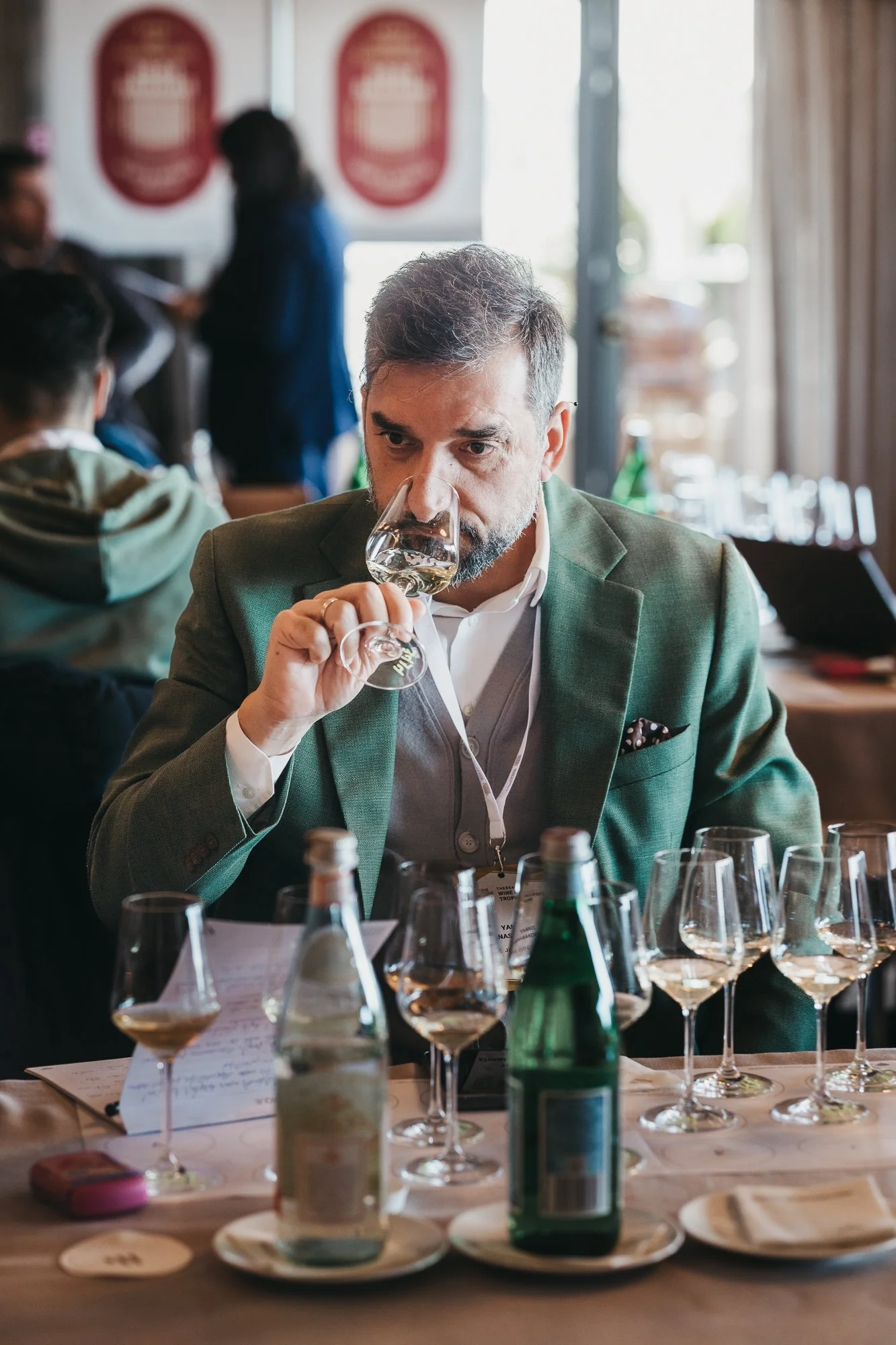 Yannis Athanasakopoulos evaluating wines as an international judge at the Thessaloniki Wine & Spirits Trophy wine competition.