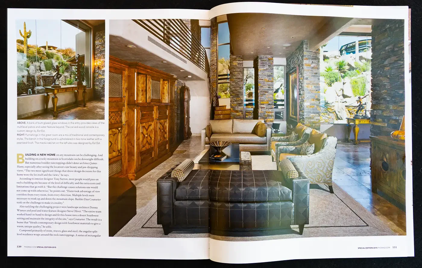  LEFT:  A bank of butt-glazed glass windows in the entry provides views of the multilevel patios and water feature beyond. The carved-wood console is a custom design by Est Est.   RIGHT:  Furnishings in the great room are a mix of traditional and co