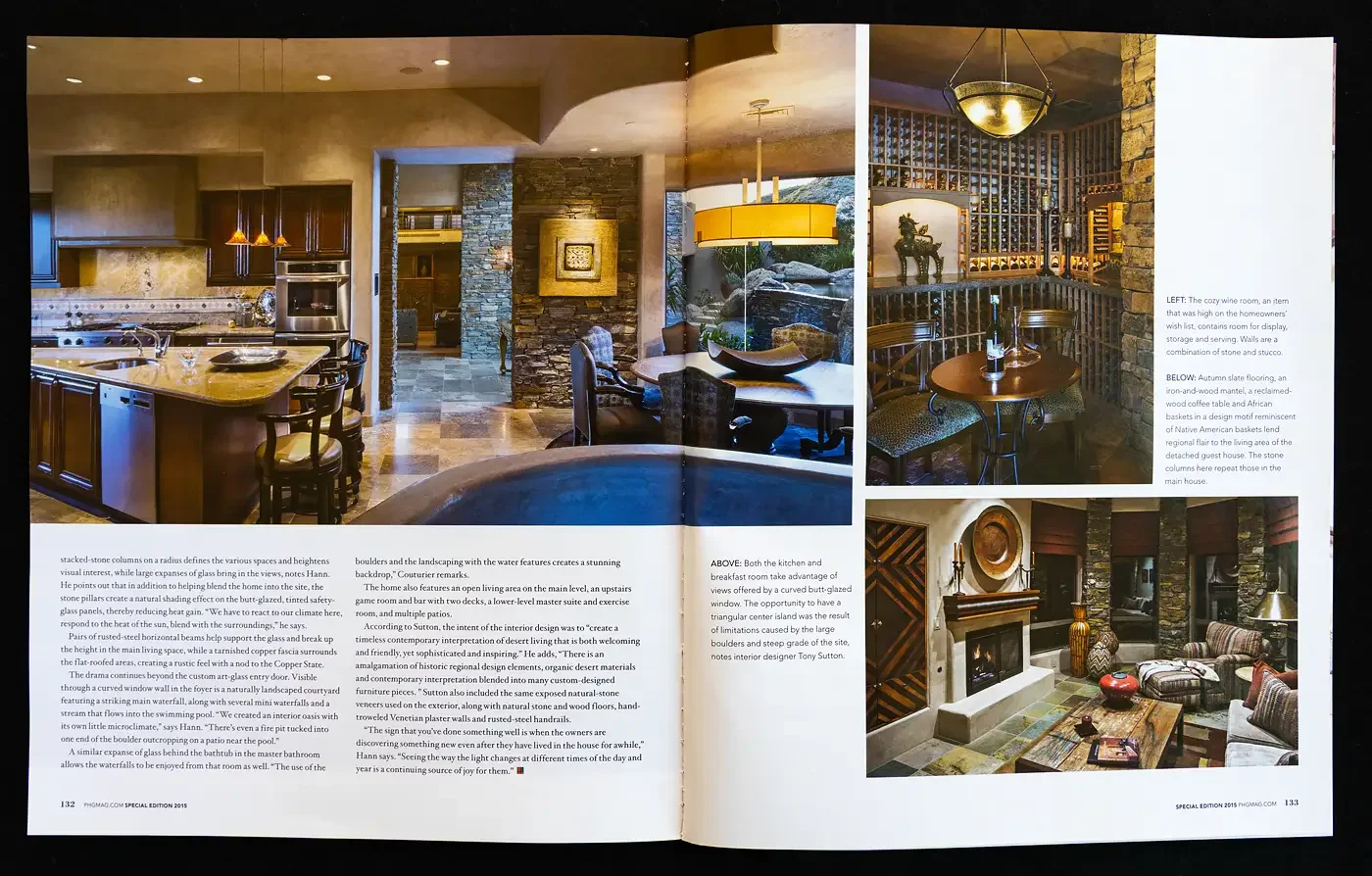   LEFT:  Both the kitchen and breakfast room take advantage of views offered by a curved butt-glazed window. The opportunity to have a triangular center island was the result of limitations caused by the large boulders and steep grade of the site, no