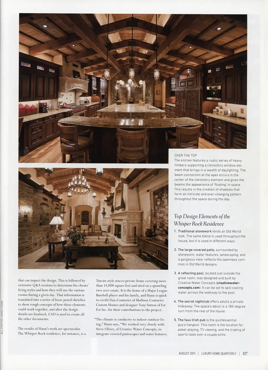   OVER THE TOP   The kitchen features a rustic series of heavy timbers supporting a clerestory window element that brings in a wealth of daylighting. The beam connection at the apex occurs in the center of the clerestory element and gives the beams t