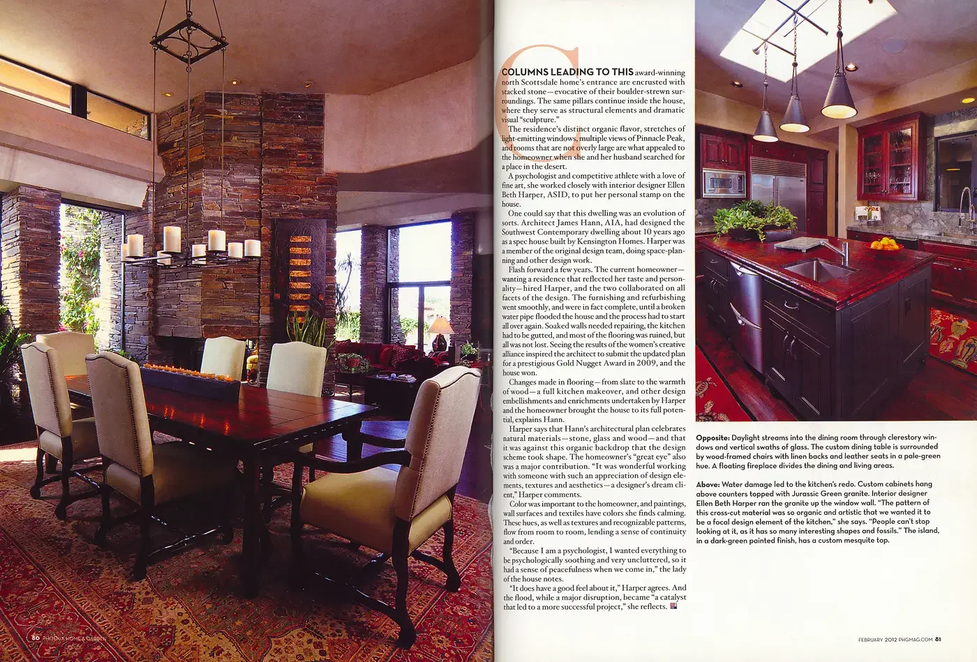   Left:  Daylight streams into the dining room through clerestory windows and vertical swaths of glass. The custom dining table is surrounded by wood-framed chairs with linen backs and leather seats in a pale-green hue. A floating fireplace divides t