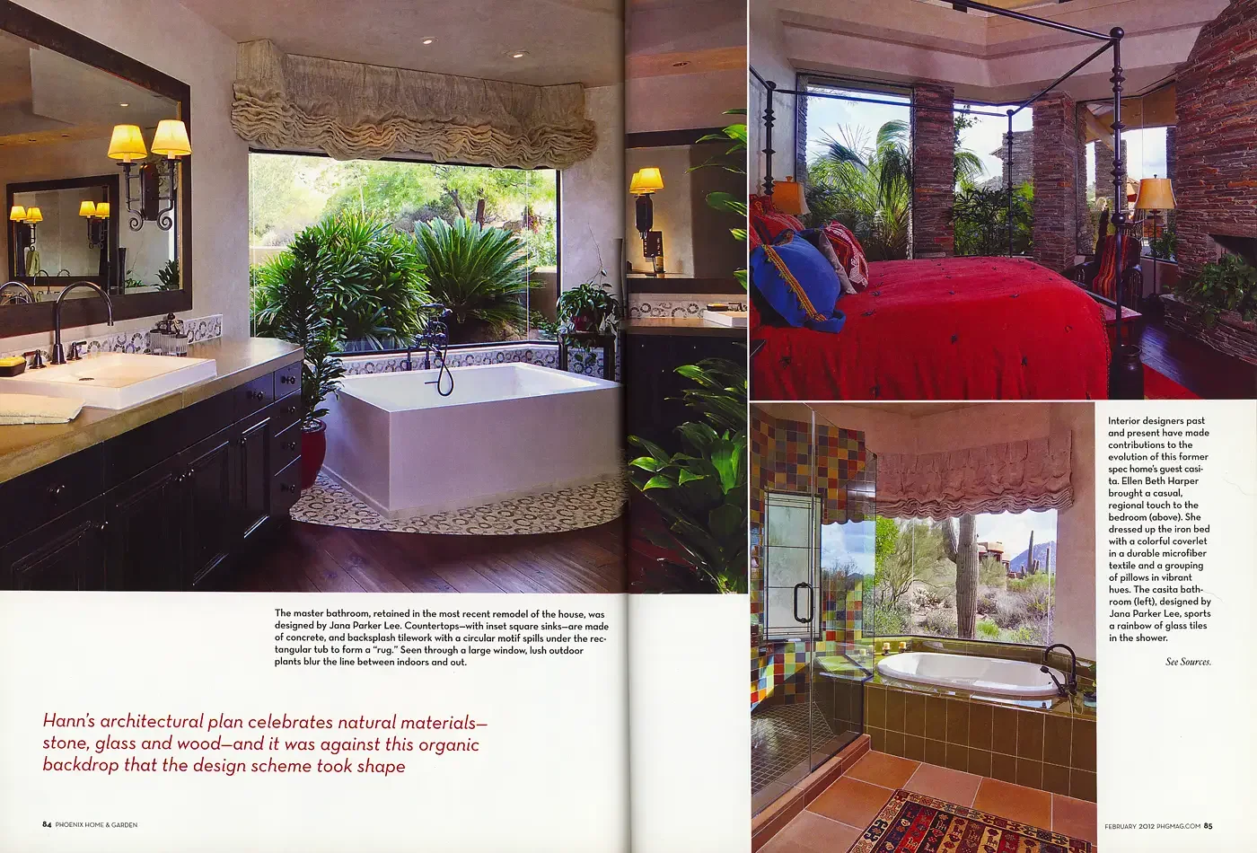   Left:  The master bathroom, retained in the most recent remodel of the house, was designed by Jana Parker Lee. Countertops—with inset square sinks—are made of concrete, and backsplash tile work with a circular motif spills under the rectangular tub