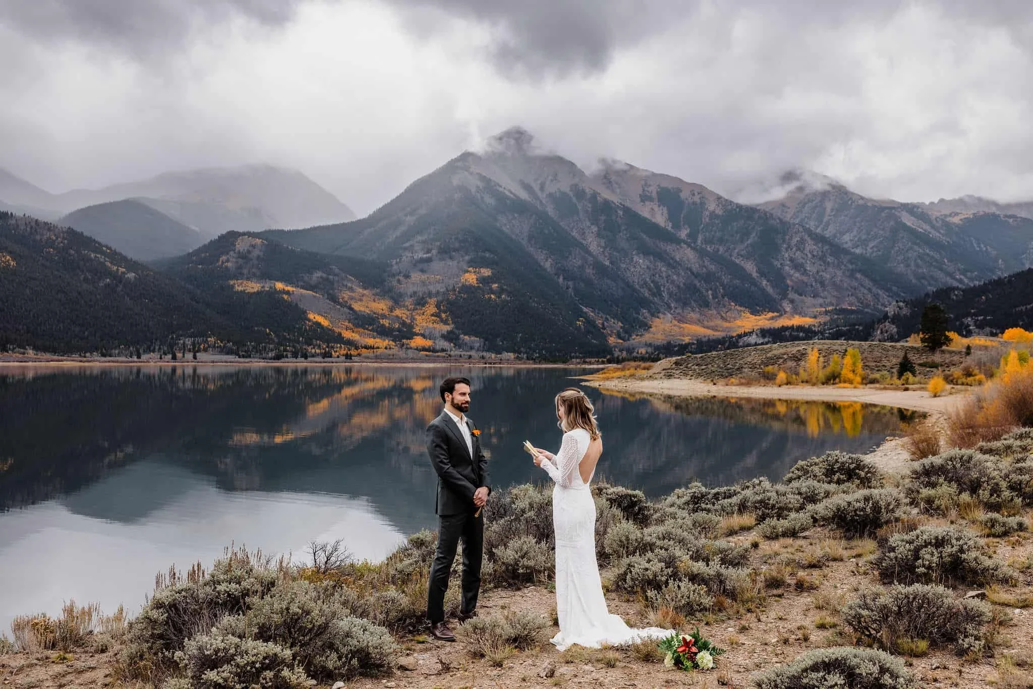 Fall elopement ceremony at an alpine lake