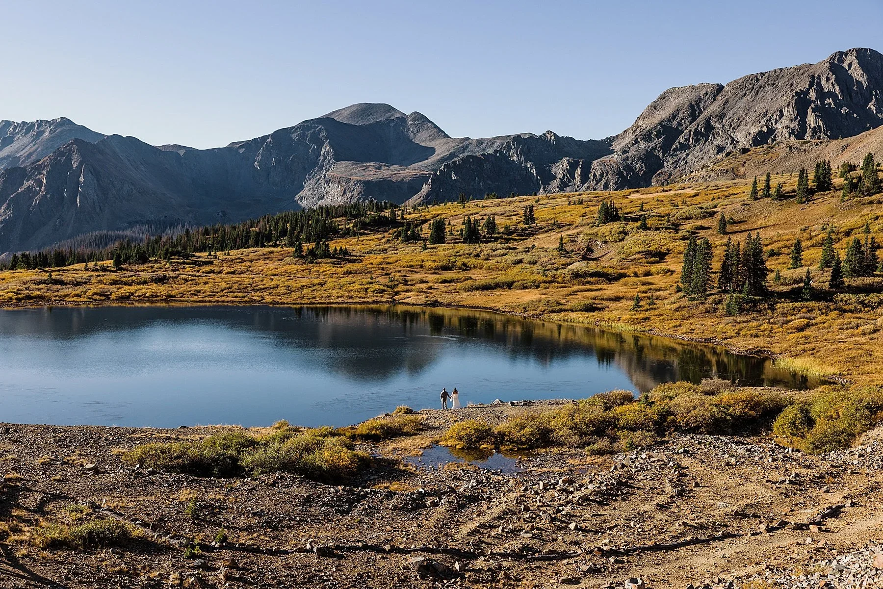 Sunrise elopement at an alpine lake in Buena Vista
