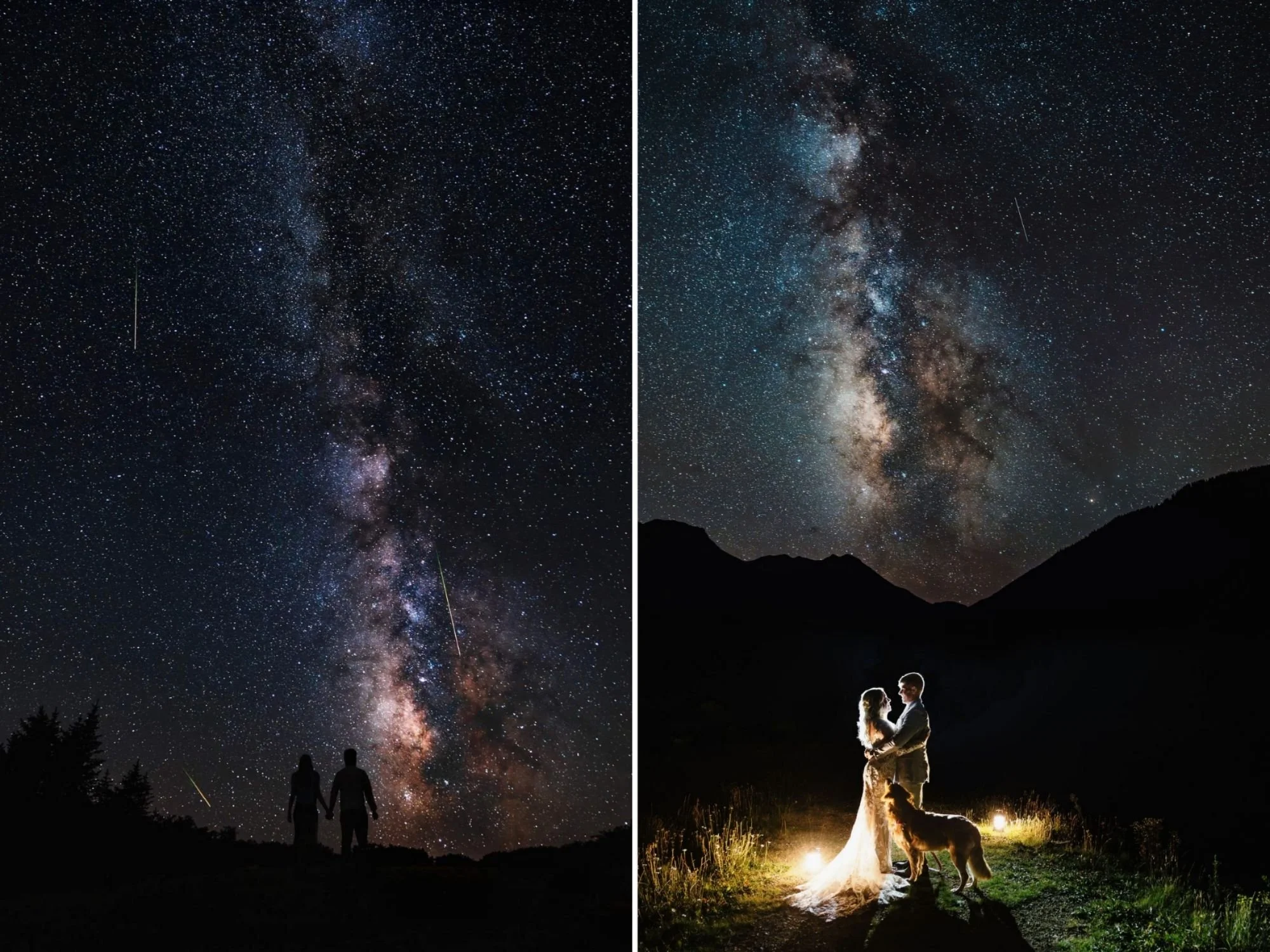 2 photos of couples standing in front of the Milky Way