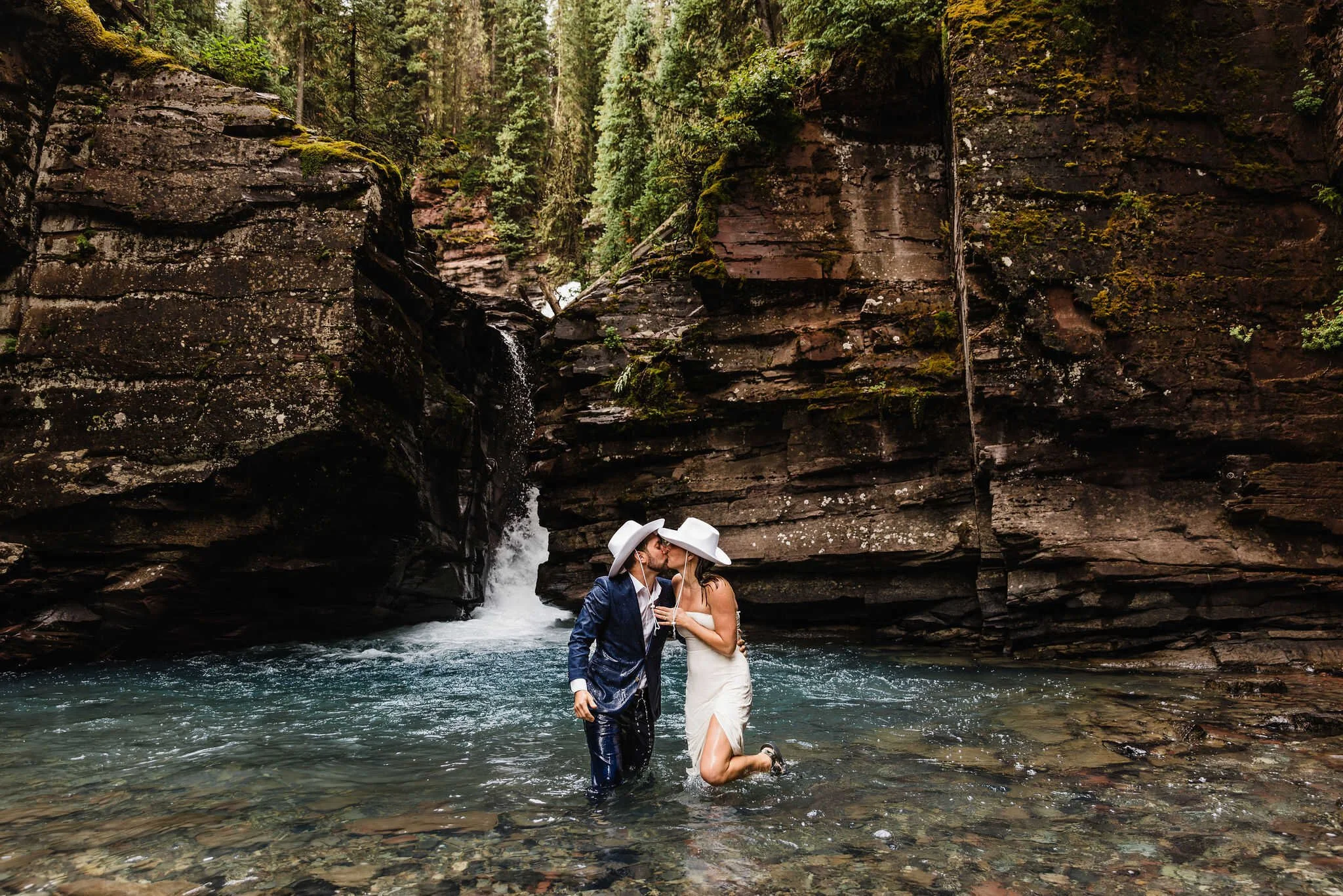Waterfall cold plunge elopement
