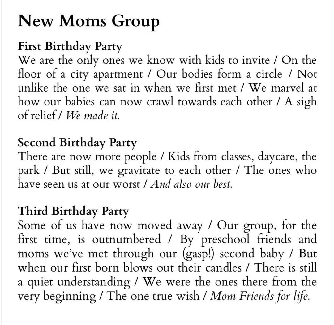 A mom who was in group a few years back shared this with me and I felt like it deserved a more permanent place on the grid.  Thank you @mom_juice_ for these perfect words to encapsulate the friendships that form in the group and last over many years,