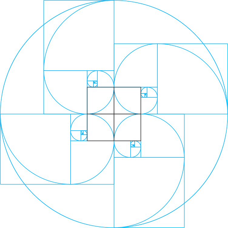Geometric design thinking graphic featuring four interconnected Fibonacci-inspired shapes arranged in a circular formation, representing creativity, problem-solving, balance, and iterative design processes.