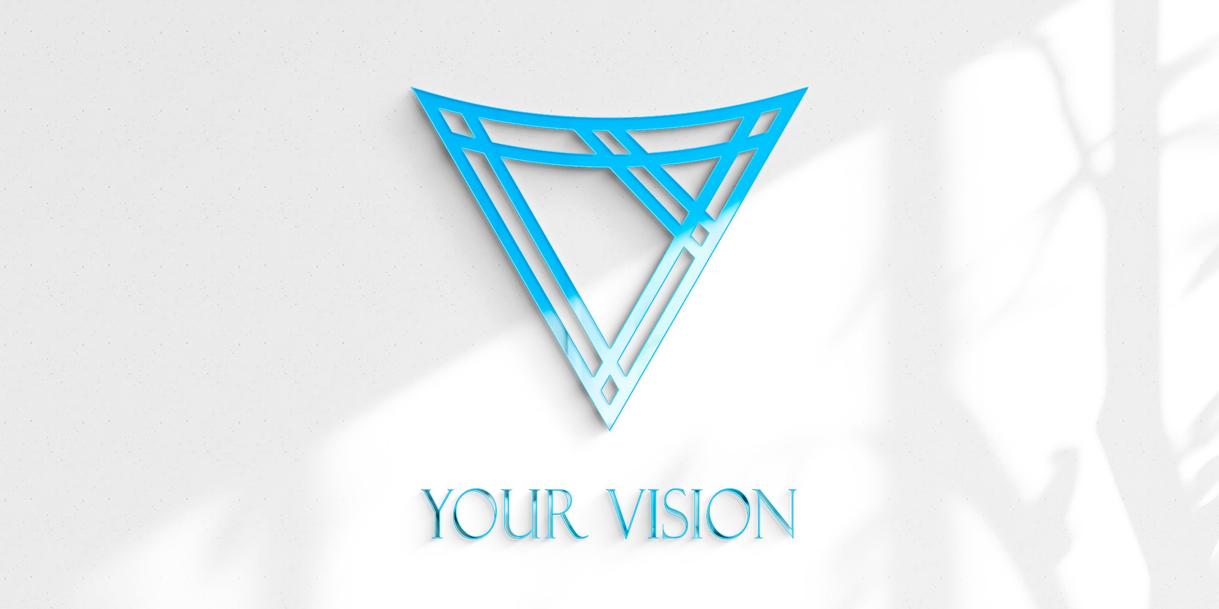 Blue acrylic wall sign in the shape of a geometric triangle, featuring a sleek, modern design