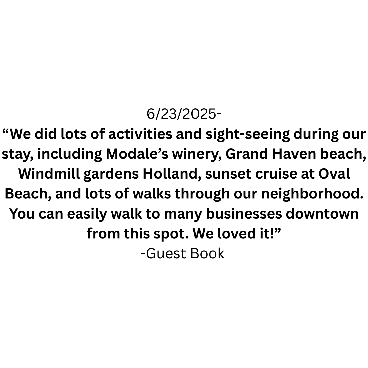 A quote in black text on a white background describing various activities and sights seen during a trip, attributed to a guest book entry.