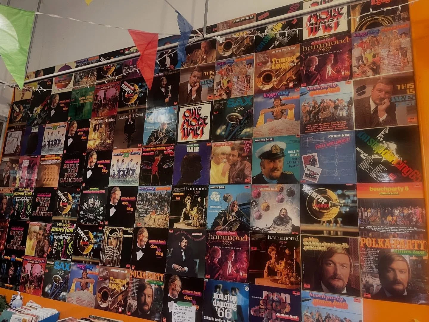 Wall of 86 James Last records above the Dollar Bin. #jameslast 
Barbara Streisand or Nana Mouskouri next?