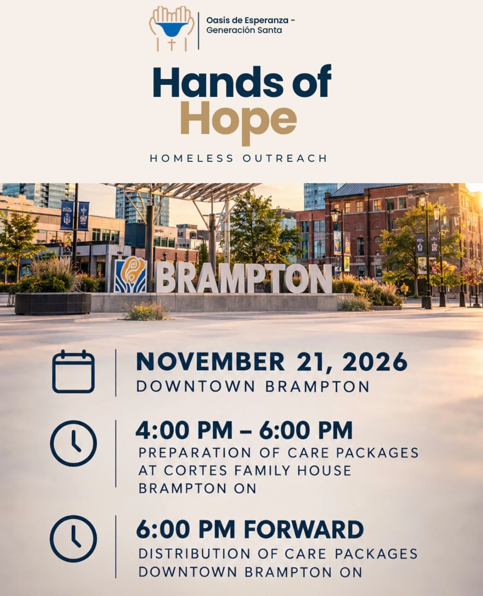 This November, we&rsquo;re stepping outside the church walls to serve our community and show the love of Christ through action.

We&rsquo;ll come together to prepare care packages and then head downtown Brampton to distribute them to those experienci