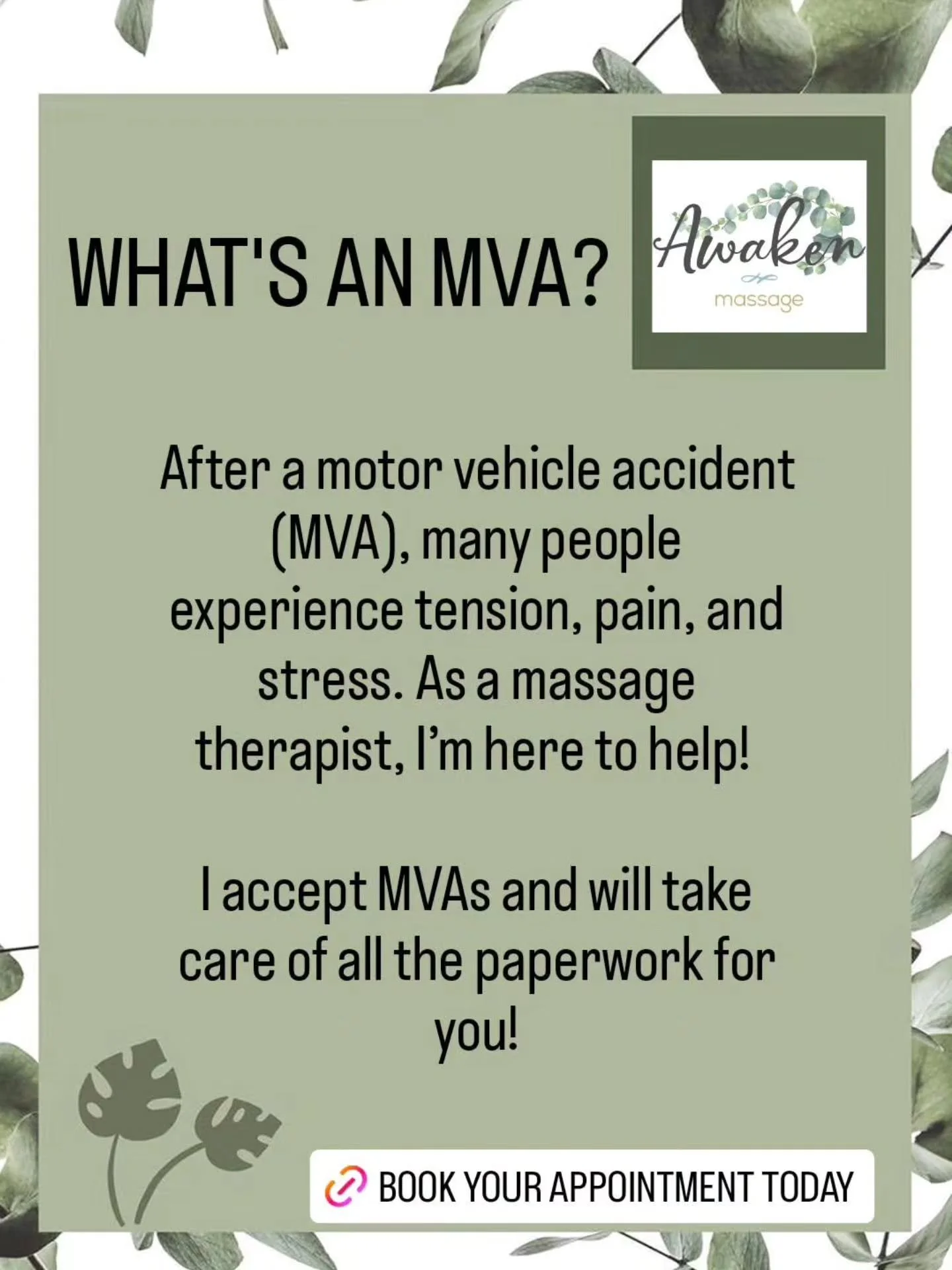 After a motor vehicle accident (MVA), many people experience tension, pain, and stress. As a massage therapist, I&rsquo;m here to help! 

Massage therapy can aid in:
- **Relieving Soft Tissue Injuries** 👐
- **Reducing Muscle Tension** 💪
- **Support