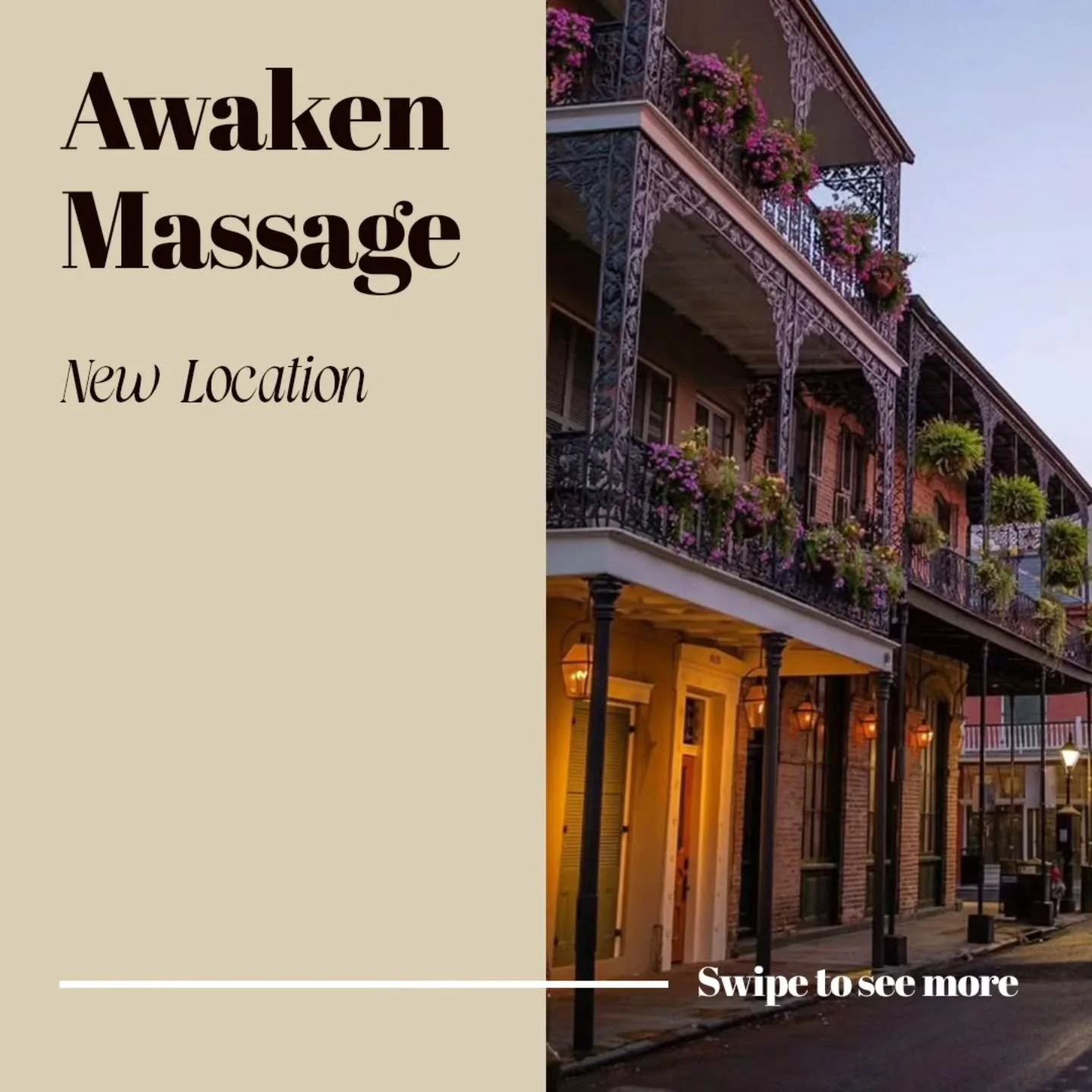 🌟 BOOKS ARE OPEN 🌟 

Awaken Massage is excited to announce the opening of my brand-new location in beautiful New Orleans! 🎉 

To celebrate, I'm offering **$10 off for all new clients** and **20% off for all French Quarter service and hospitality p