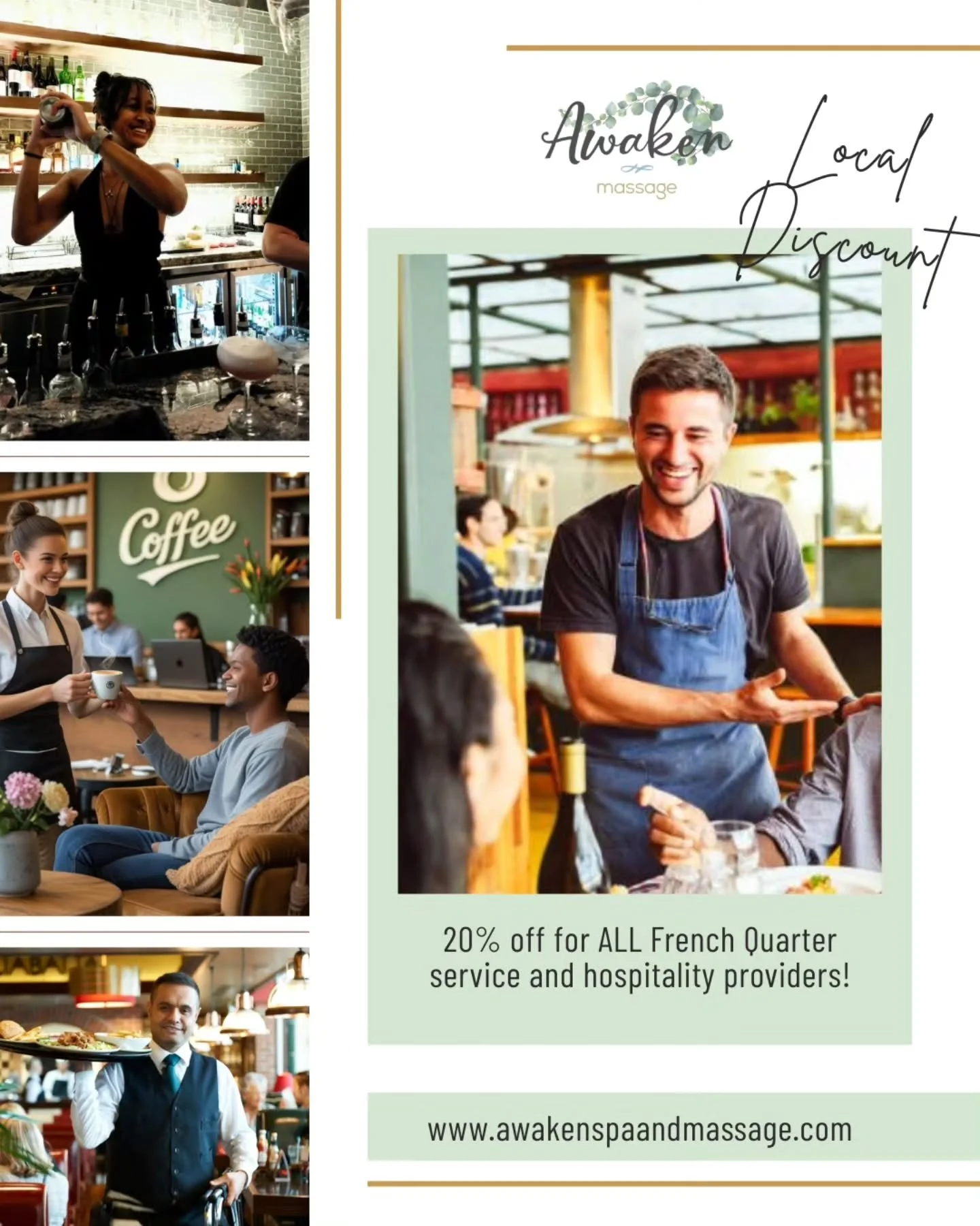 🌟 Local Love Alert! 🌟

At Awaken Massage, I believe in supporting our incredible French Quarter community. That&rsquo;s why I'm thrilled to offer **20% off** for ALL service and hospitality providers! 

Whether you&rsquo;re providing exceptional se