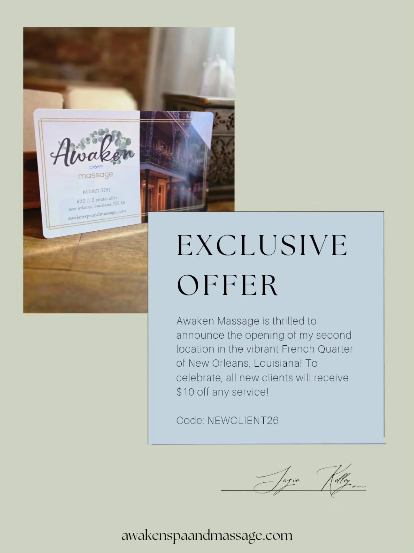 ✨ Exciting News! ✨

Awaken Massage is thrilled to announce the opening of my second location on February 16th in the vibrant French Quarter of New Orleans, Louisiana! 🎉 To celebrate, all new clients will receive **$10 off any service!** Use code NEW
