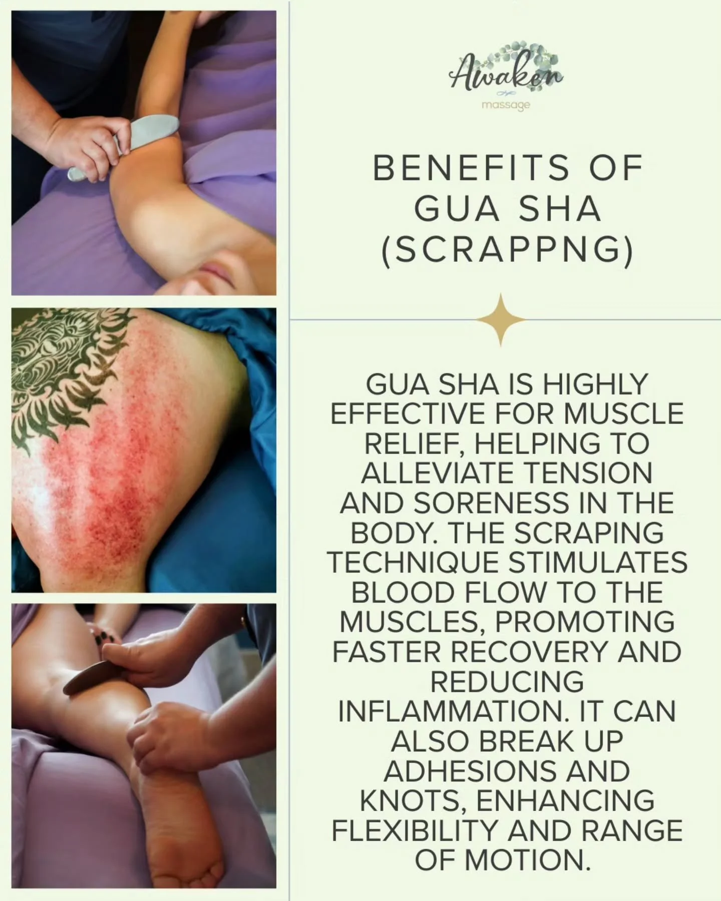 🌿✨ Gua Sha (scrapping)! ✨🌿

Discover the transformative benefits of gua sha therapy at Awaken Massage! 👐💆&zwj;♀️

Gua sha is a traditional Chinese healing technique with roots dating back over 2,000 years. Originally used to treat various ailment