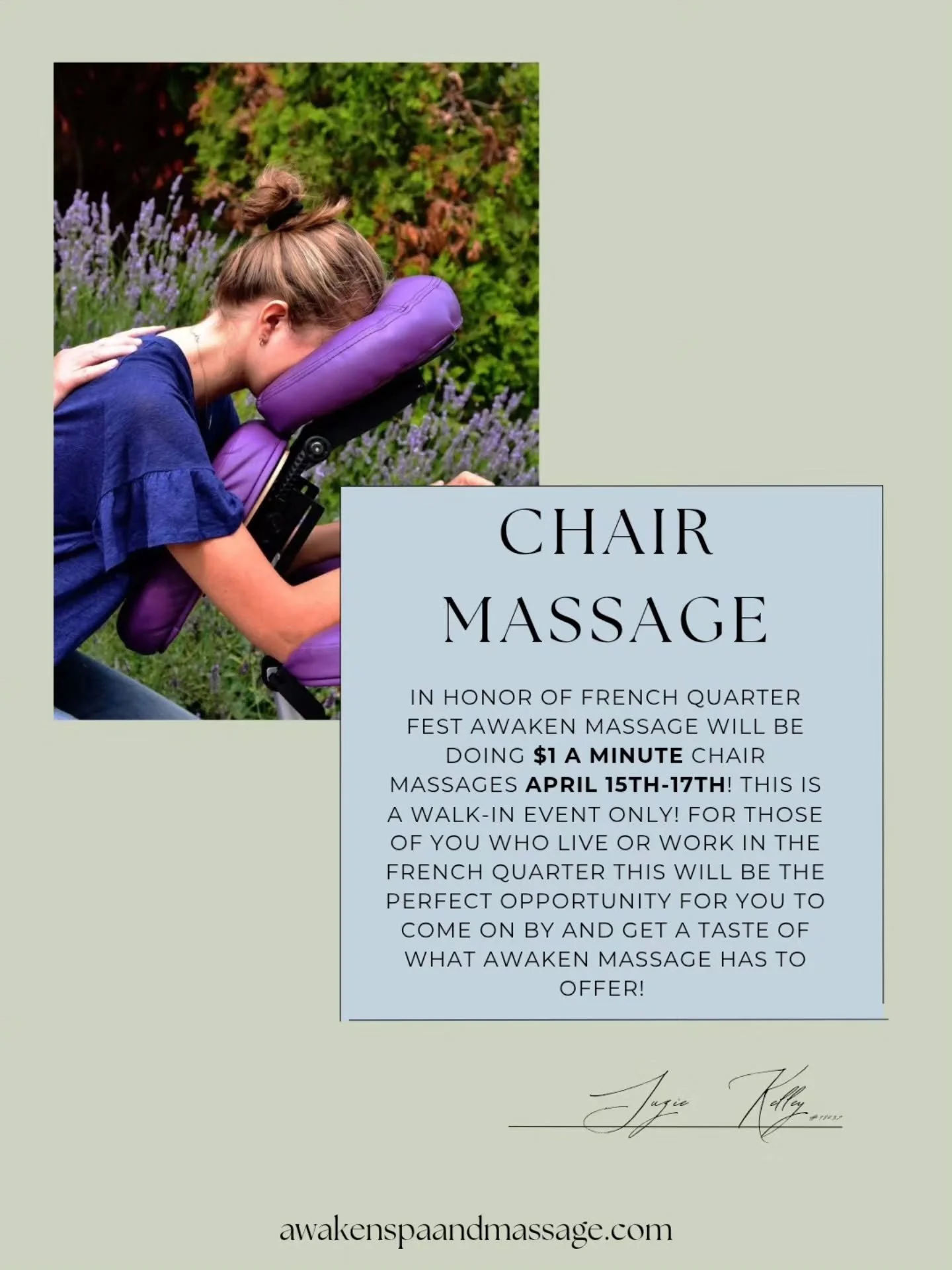 🌟 Take a Break: Chair Massages at French Quarter Fest!🌟

In celebration of French Quarter Fest, Awaken Massage is offering **$1 one-minute** chair massages from **April 15th-17th!** 

Join us at **622 1/2 Pirates Alley, New Orleans, LA 70116**. Thi