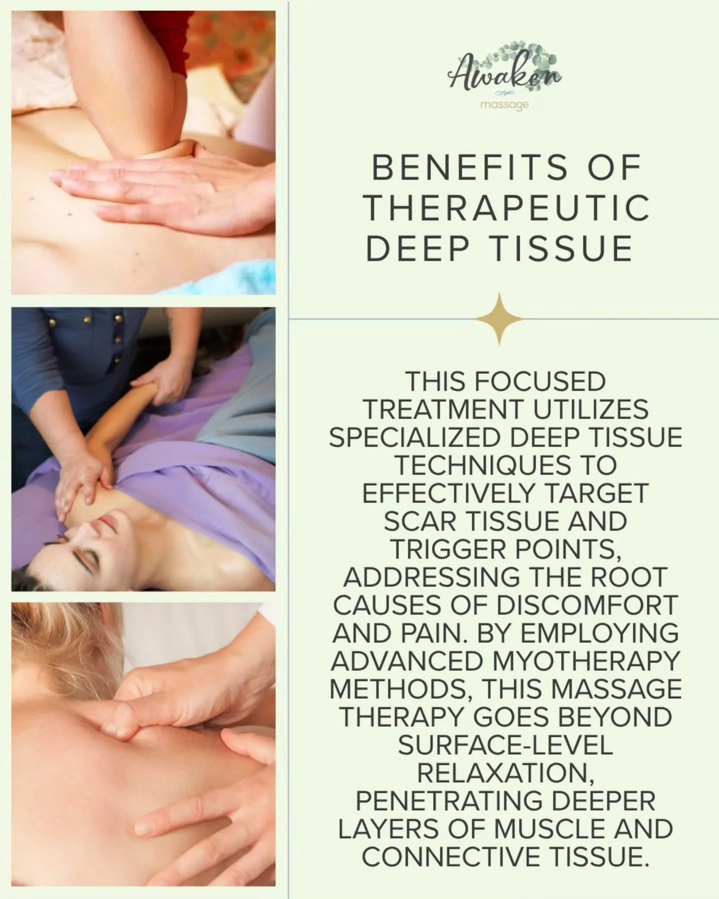 **Therapeutic Deep Tissue  Massage** 

The benefits of deep tissue therapeutic massage include:

- Chronic Pain Relief: This technique is particularly effective for individuals suffering from chronic pain conditions, such as lower back pain, tension 