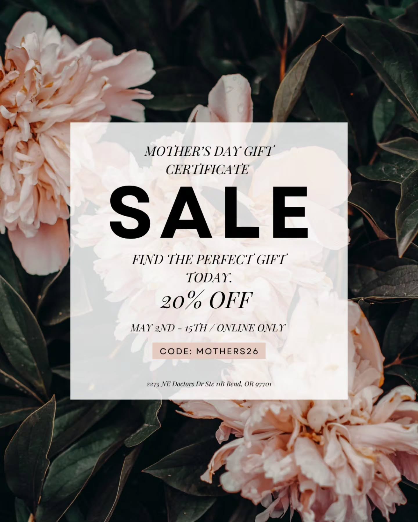 🌷 Mother's Day Gift Certificate Sale! 🌷

Looking for the perfect gift? Treat the special moms in your life with a gift certificate and enjoy 20% OFF from May 2nd-15th, 2026! 💖

✨ Online Only! (Link in bio)

🔖 Use code: MOTHERS26 

📍 Location: 22