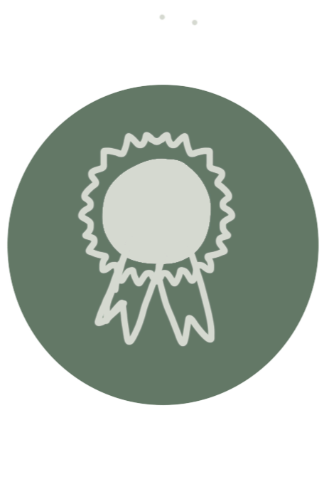Icon of a medal or award ribbon on a green circular background.
