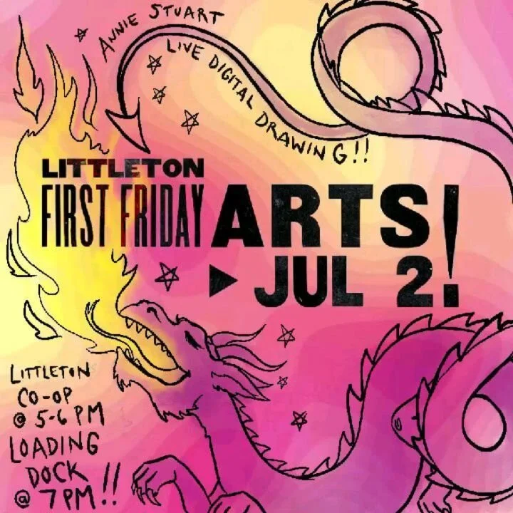 First Friday is coming up quick! On July 2 I'll be doing TWO live digital drawing performances alongside some talented musicians:

🌟 5-6 pm @littleton_coop with Bobby Farlice Sound System. 
🌟 7-8 pm @theloadingdocknh with @mad_mesa_

There's a TON 