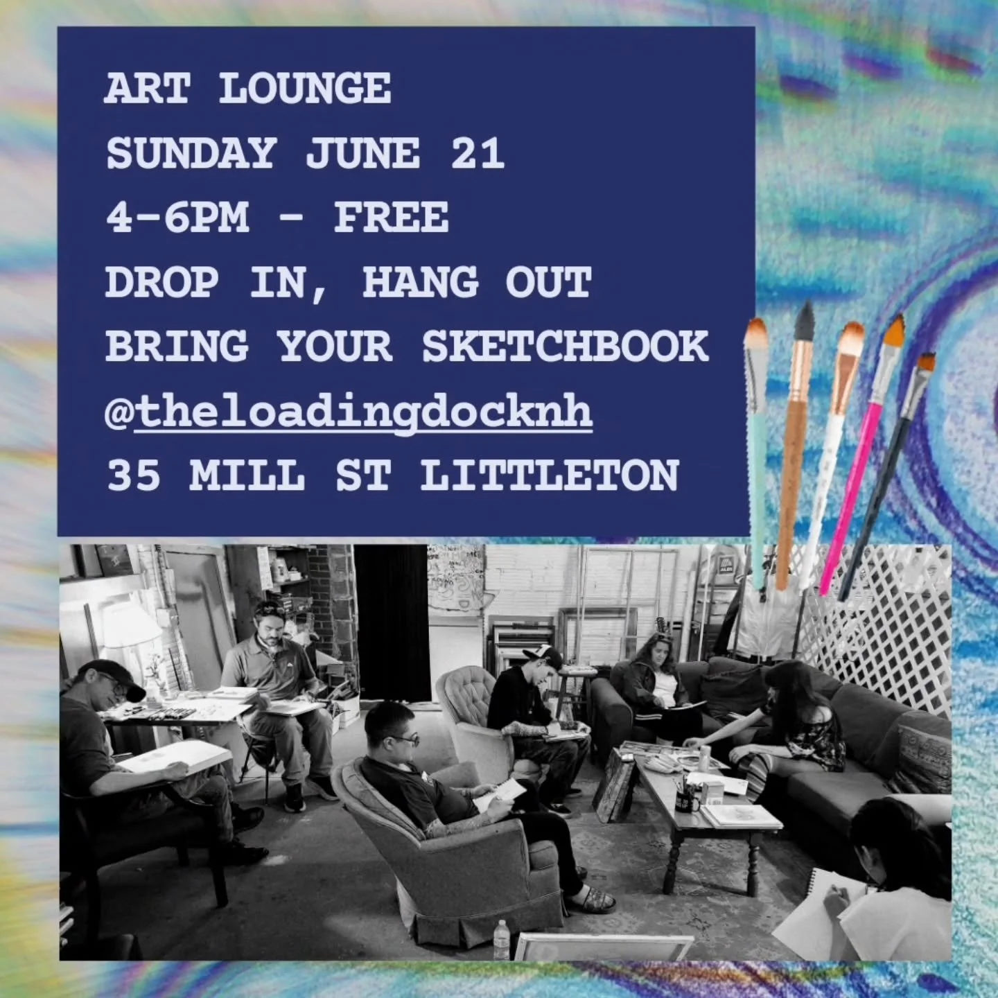 Another Sunday, another ART LOUNGE! this week's creative prompt is: MUSIC 🎶 

Art Lounge happens every week, same time, same place, always free 

(tho donations to the Loading Dock @theloadingdocknh are welcome, because we gotta keep the art &amp; m