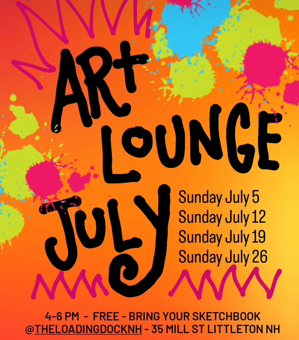 🔥Art Lounge in July! 🔥 Same time, same place: Every Sunday, 4-6PM at the Lounge in the Loading Dock in Littleton NH. 

The vibes are chill, and honestly so is the space - it tends to be fairly cool in our spot so you can relax, be creative, and mee