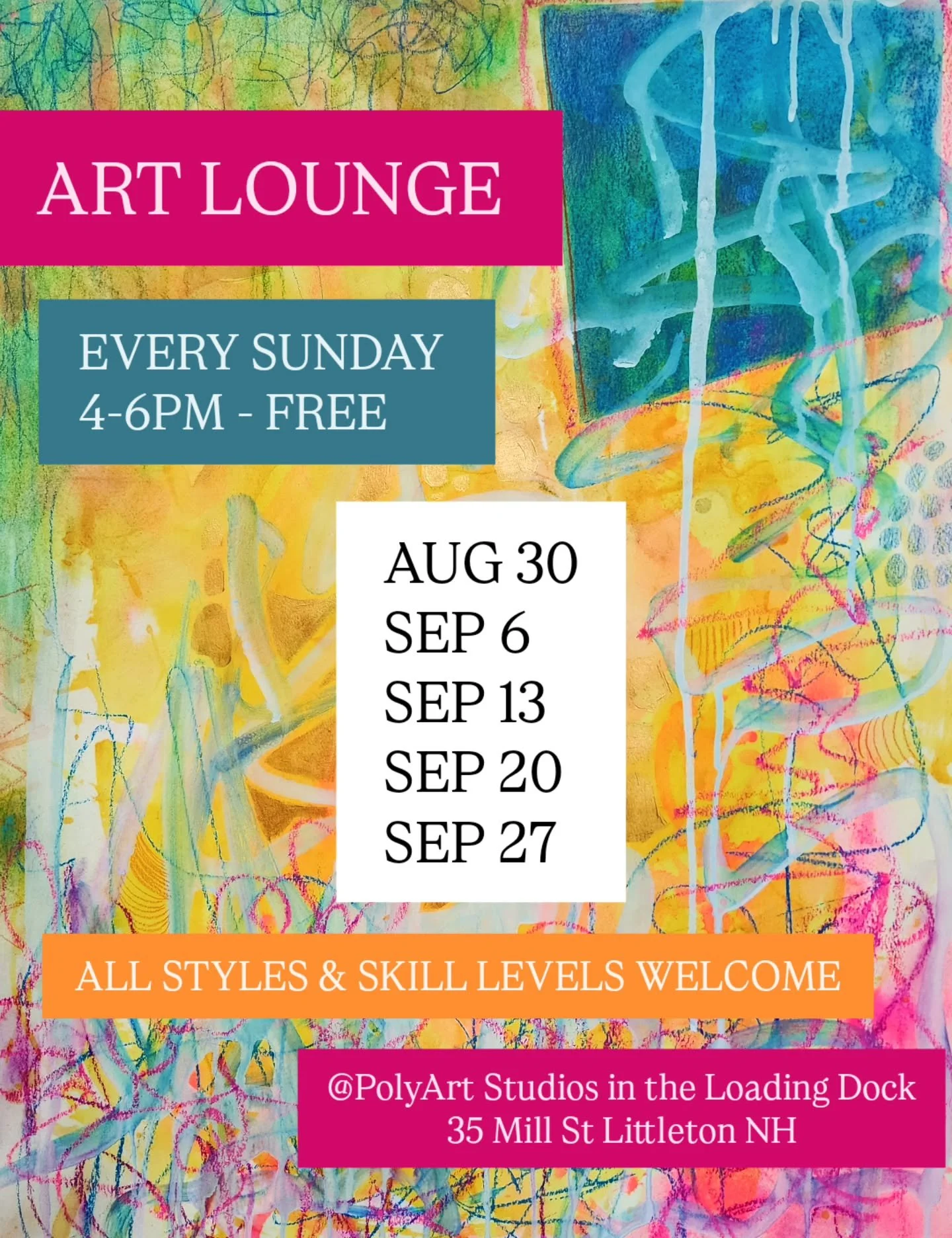 ✨Upcoming Art Lounge Dates✨

Art Lounge is a salon-style meetup for artists and creatives. We meet EVERY Sunday @4-6pm in the art studio space at The Loading Dock - that's 35 Mill Street, In the best little art town around - Littleton NH! 

All artis
